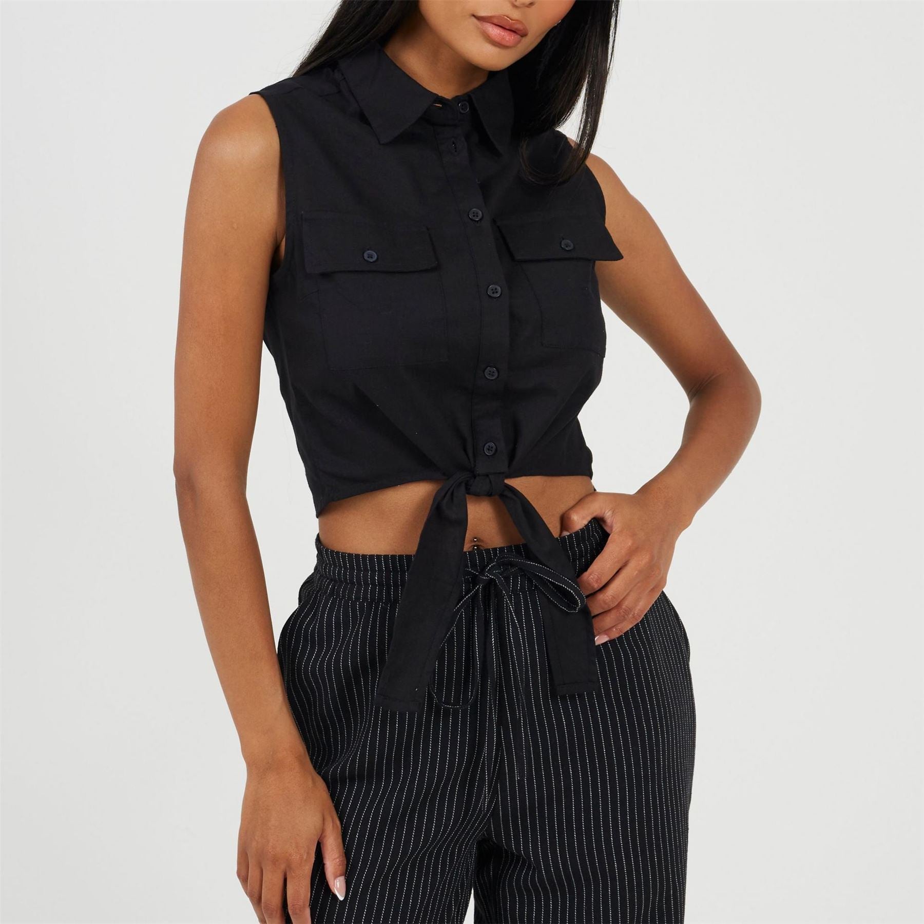 Brave Soul Womens Sleeveless Collared Top With Tie Detail