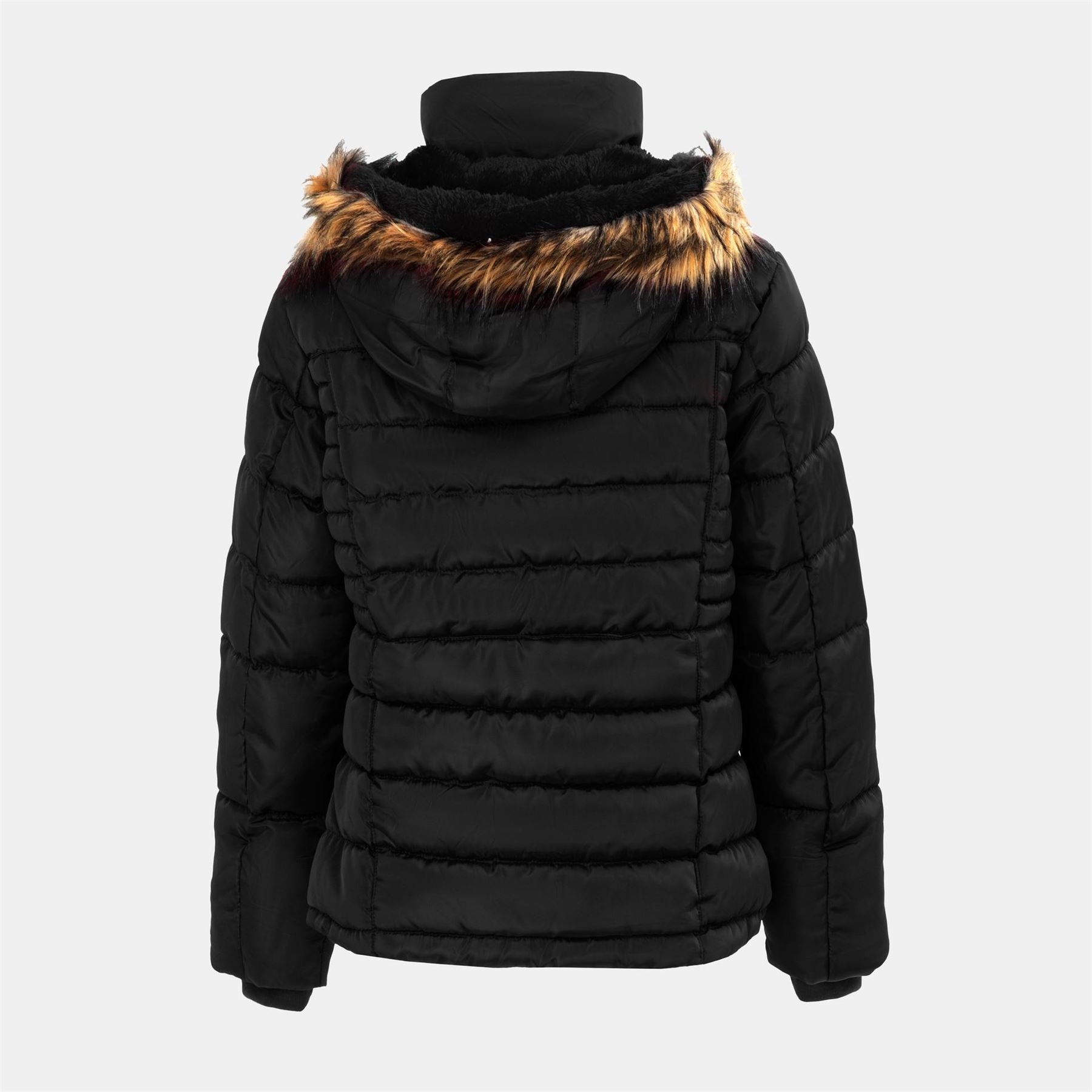 I Saw It First Solid Patterned Hooded Snap Button Fur Trim Ribbed Cuff Parka Jacket