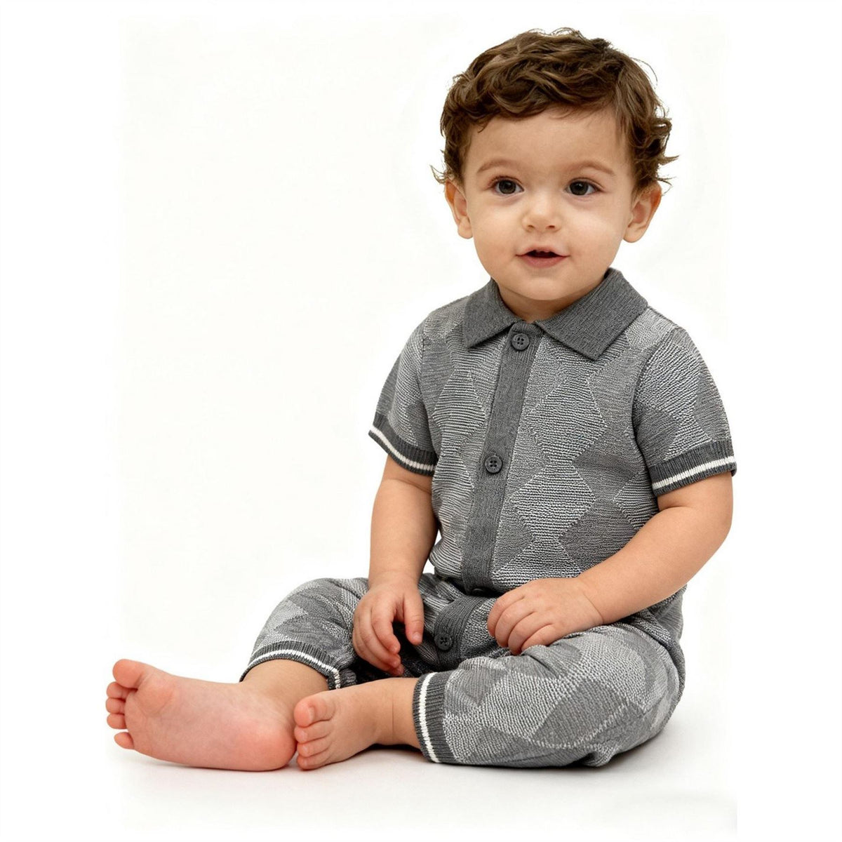 Pretty Green Collared Neck Argyle Patterned Short Sleeve Romper