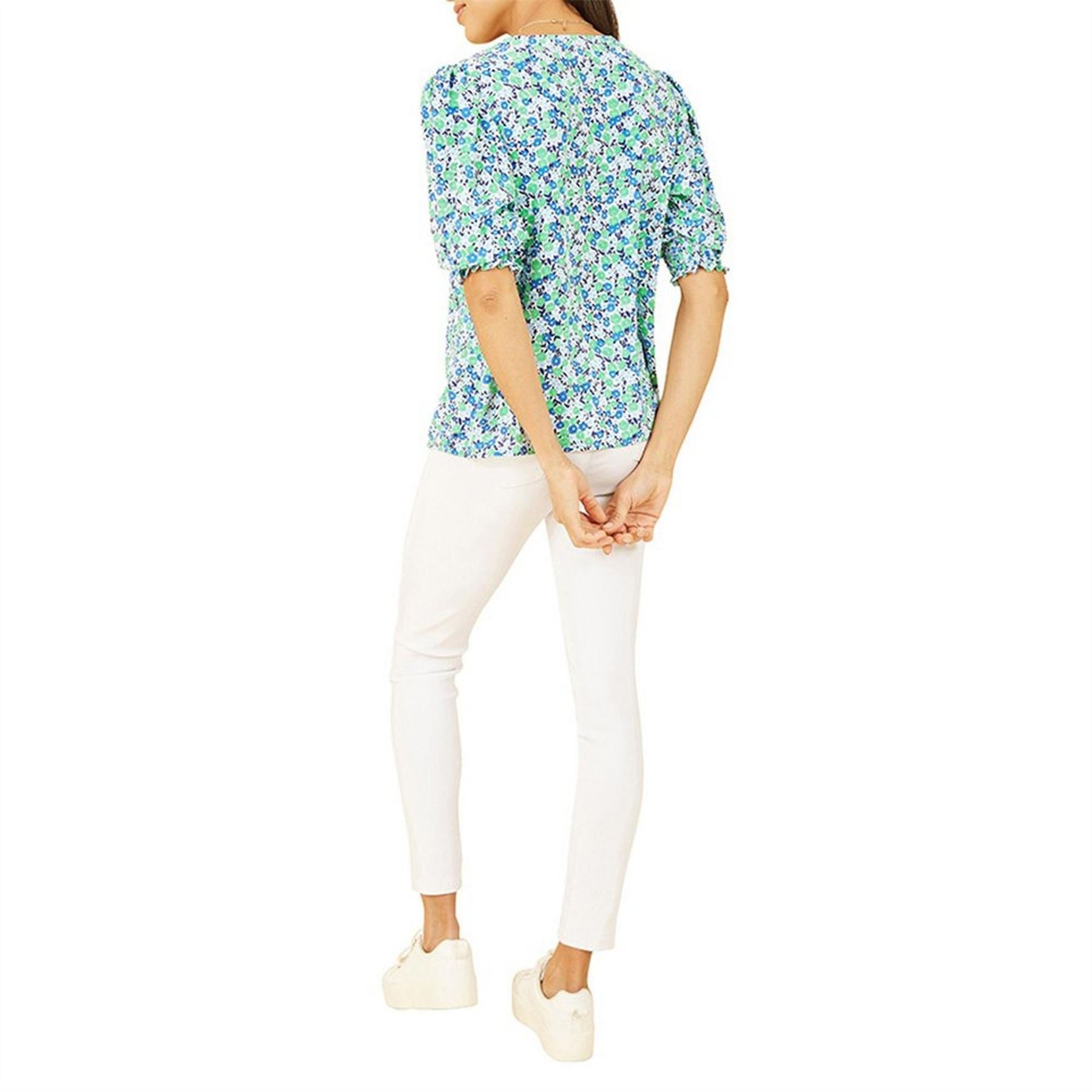 Yumi Green Ditsy Print Puff Sleeve Top
