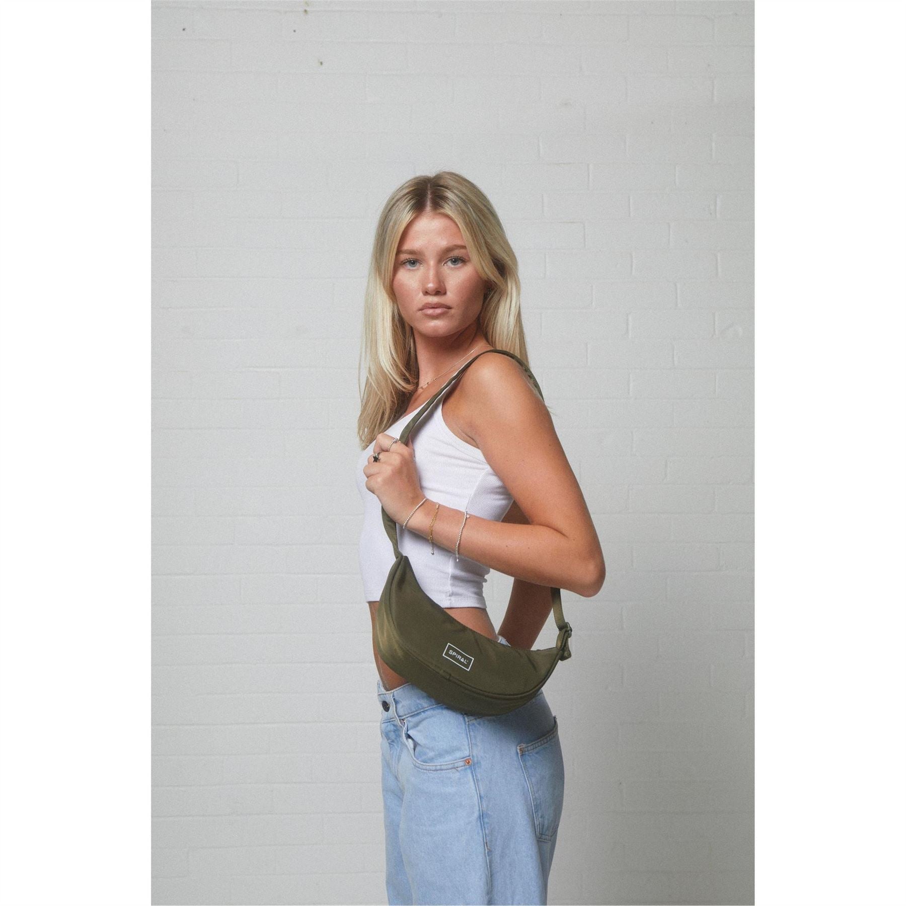 Spiral Cali Crescent Shape Cross Body Bag with Logo Patch