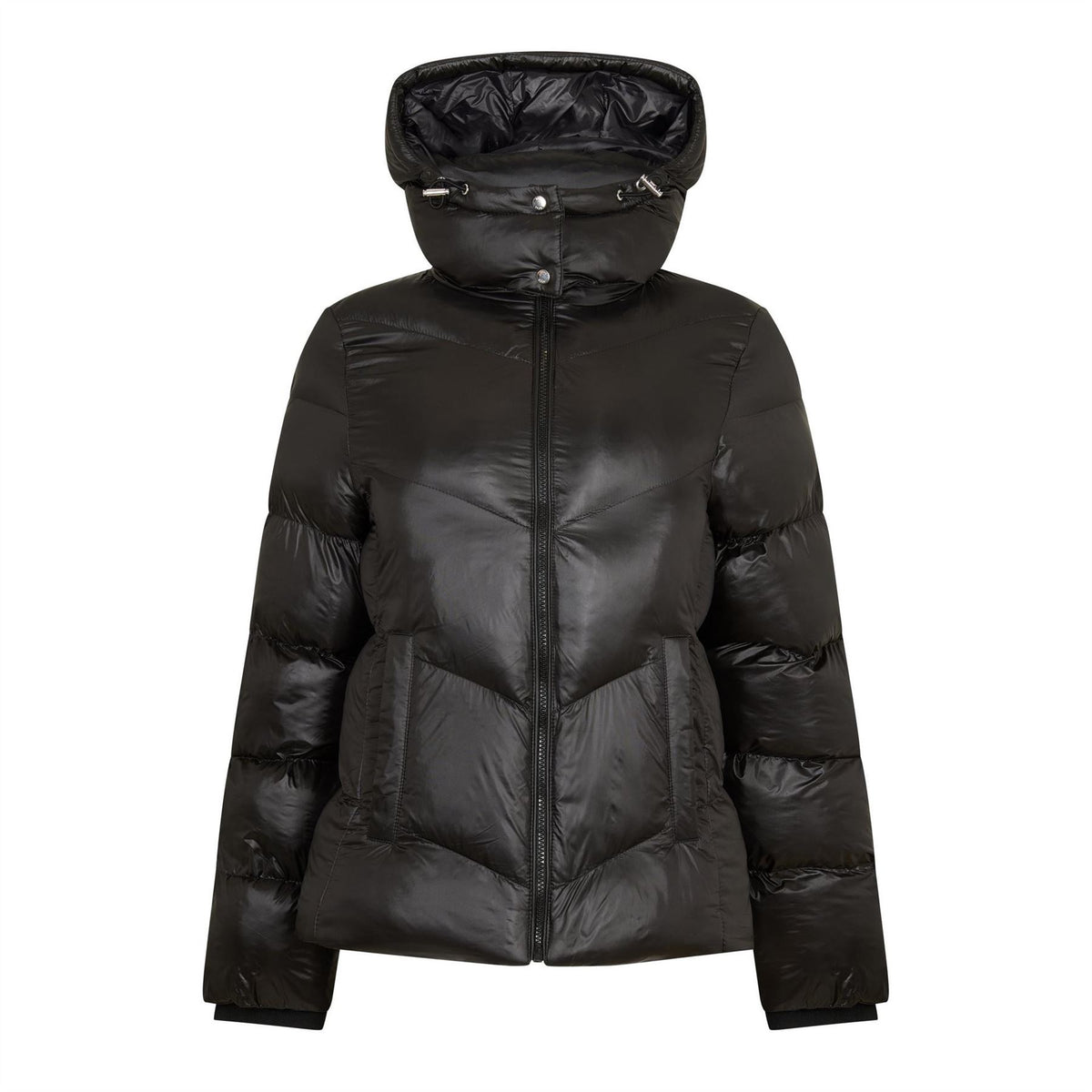 Boss Solid Patterned Snap Button Ribbed Cuff Puffer Coat with Zipped Pocket