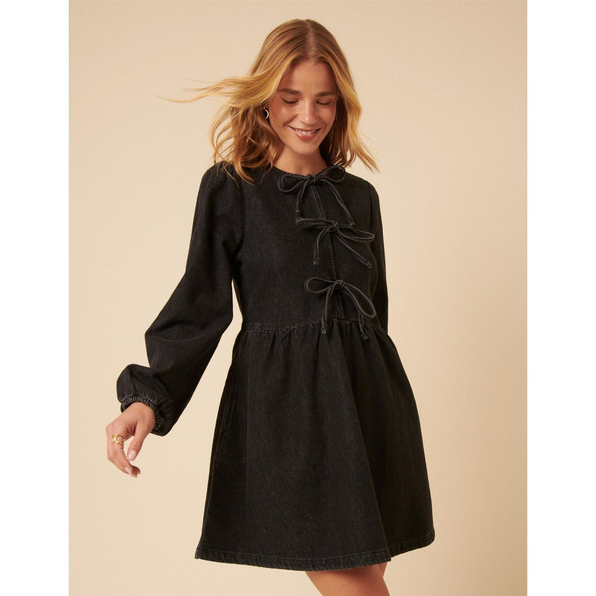 Nobodys Child Eden Denim Tie Neck Mini A-Line Dress