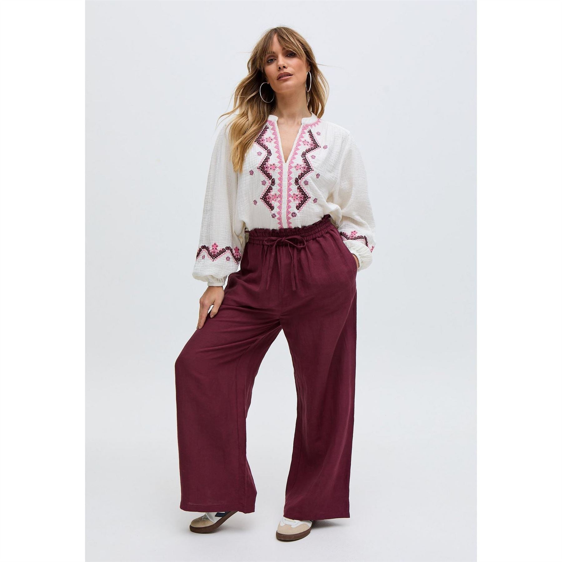 Raffya V Neck Embroidered Blouse In White