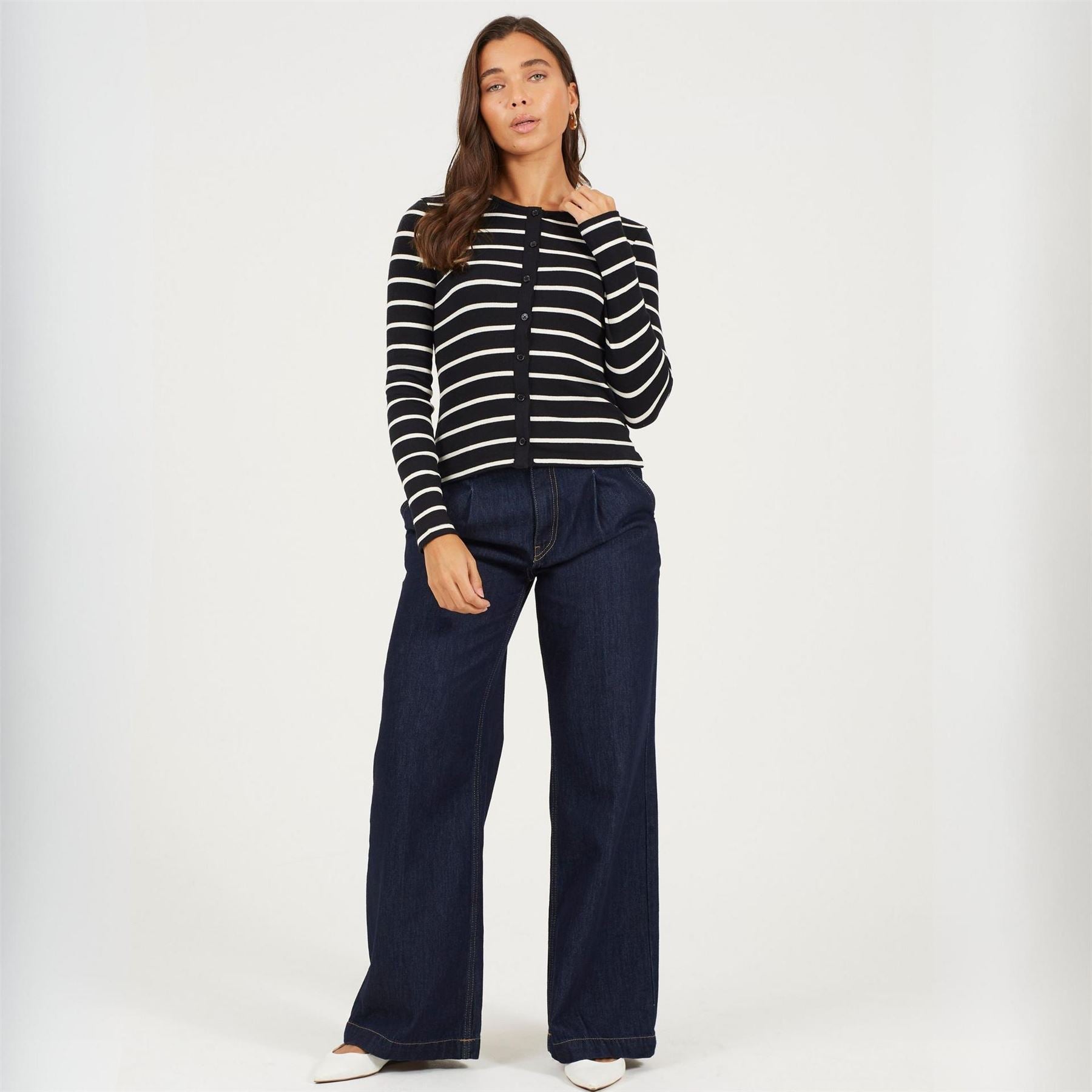Brave Soul Womens Long Sleeve Button Down Striped Jersey Top