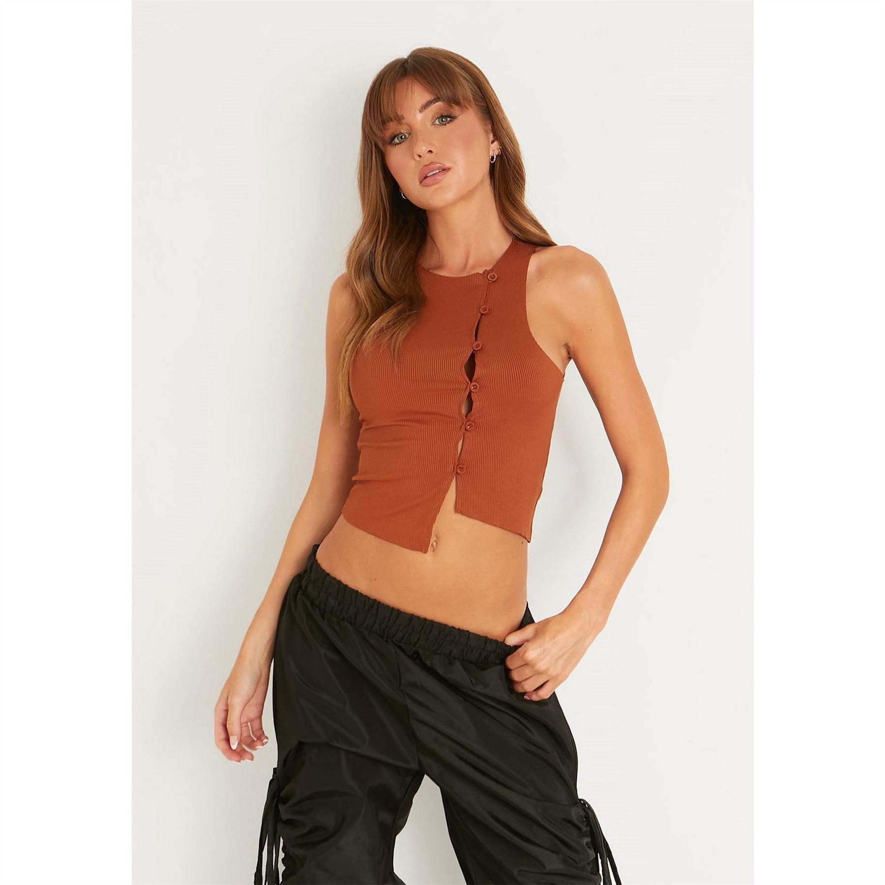 Missy Empire Button Front Asymmetric Crop Top
