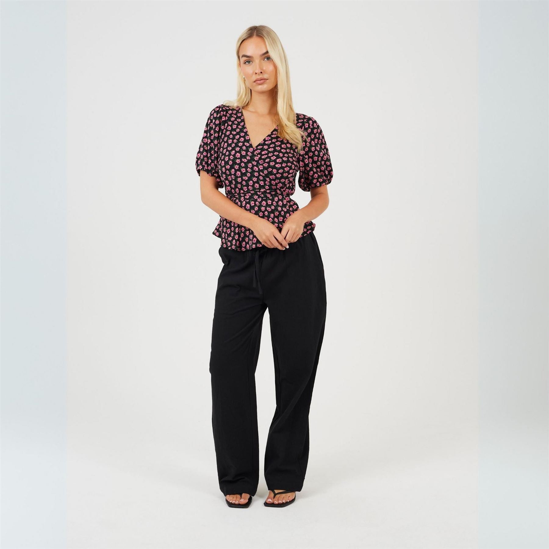 Brave Soul V-Neck Puff Sleeve Wrap Blouse