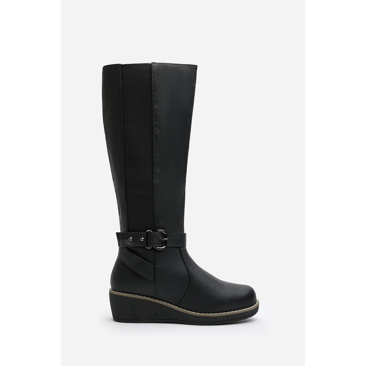Wheres That From Knee High Wedge Boots With Strap And Buckle