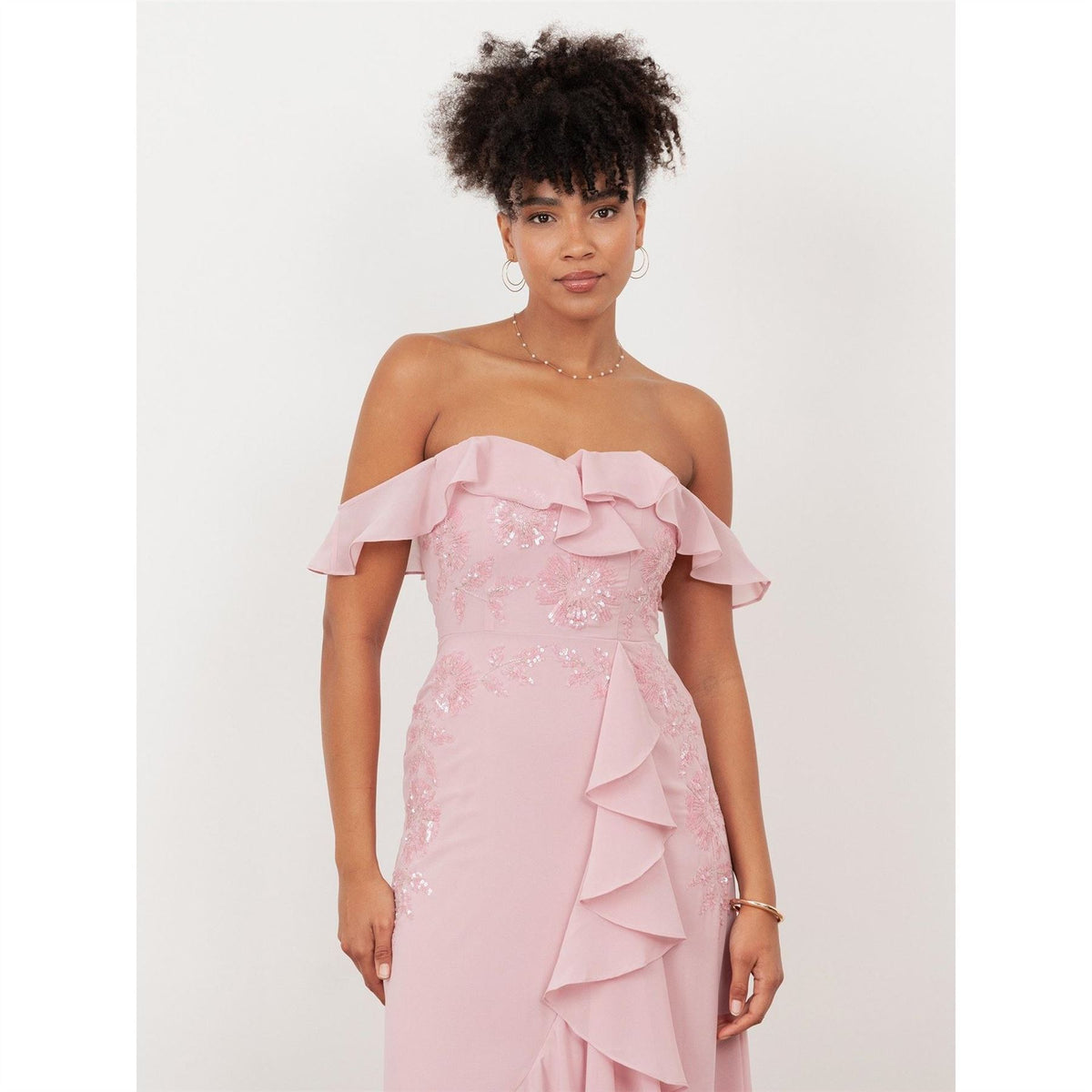 Maya Deluxe Soft Pink Embellished Faux Wrap Bardot Midaxi Dress