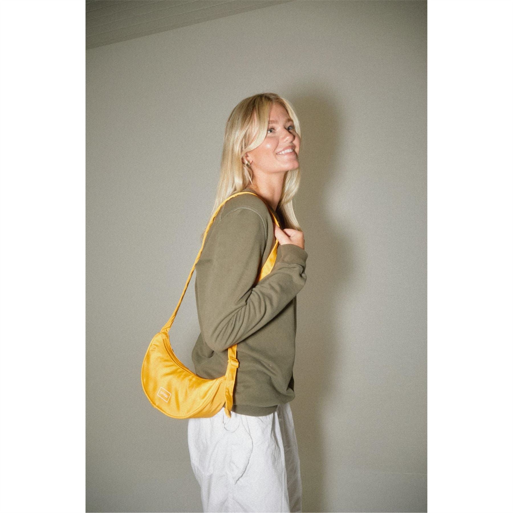 Spiral Cali Crescent Shape Cross Body Bag with Logo Patch