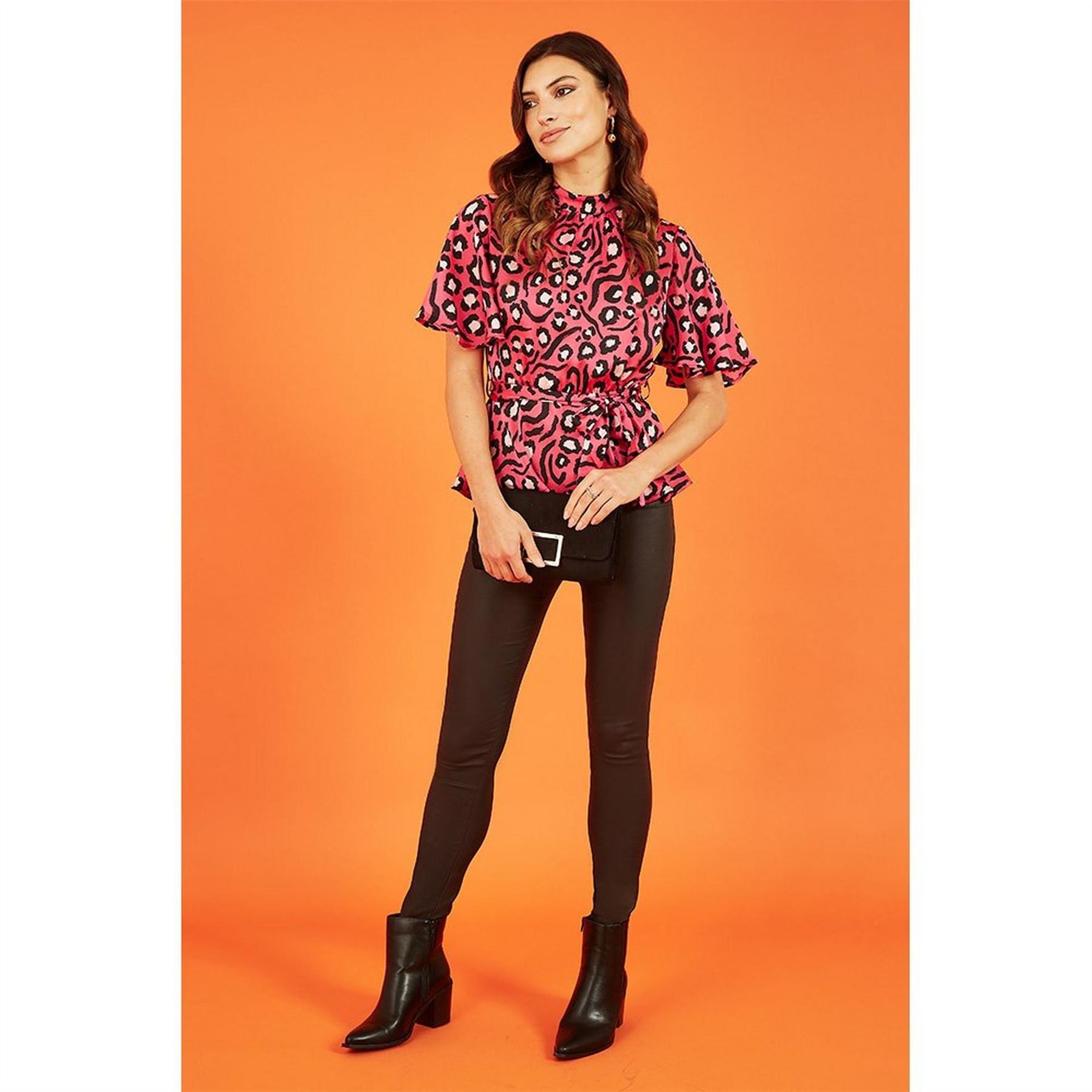 Mela London Pink Animal Print Belted High Neck Short Sleeve Blouse