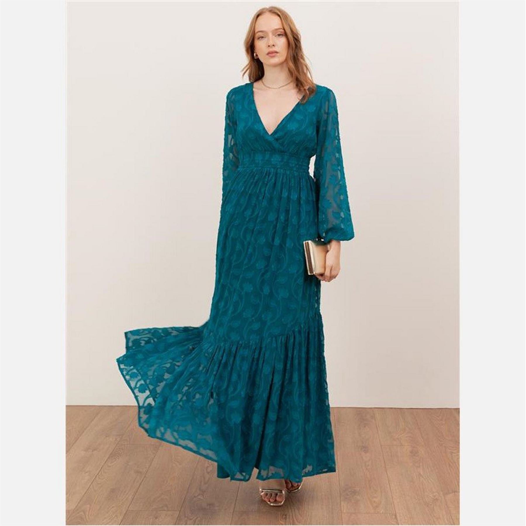 Lovedrobe Teal Floral Burnout Tie Back Maxi Dress With Asymmetric Split Hem