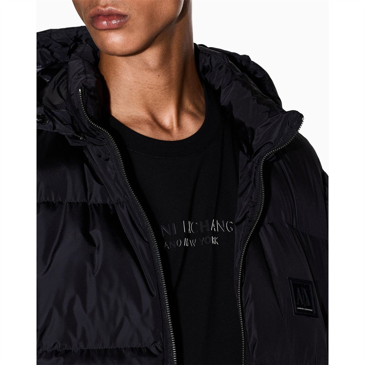 Armani Exchange Solid Patterned Hooded Down Puffer Jacket with Zipped Pockets