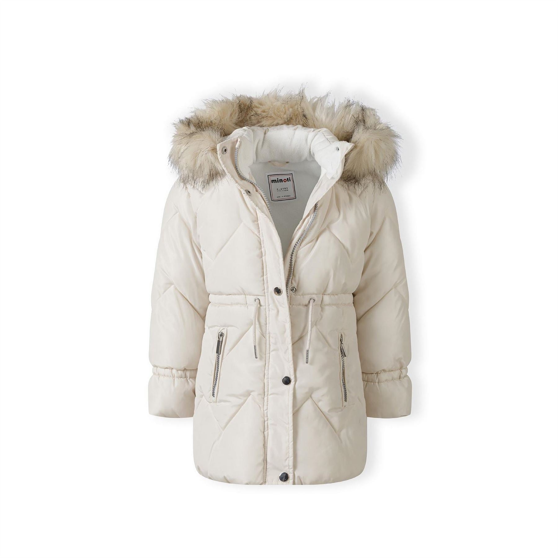 Minoti Girls Mid Length Quilted Winter Jacket With Faux Fur Hood Grey