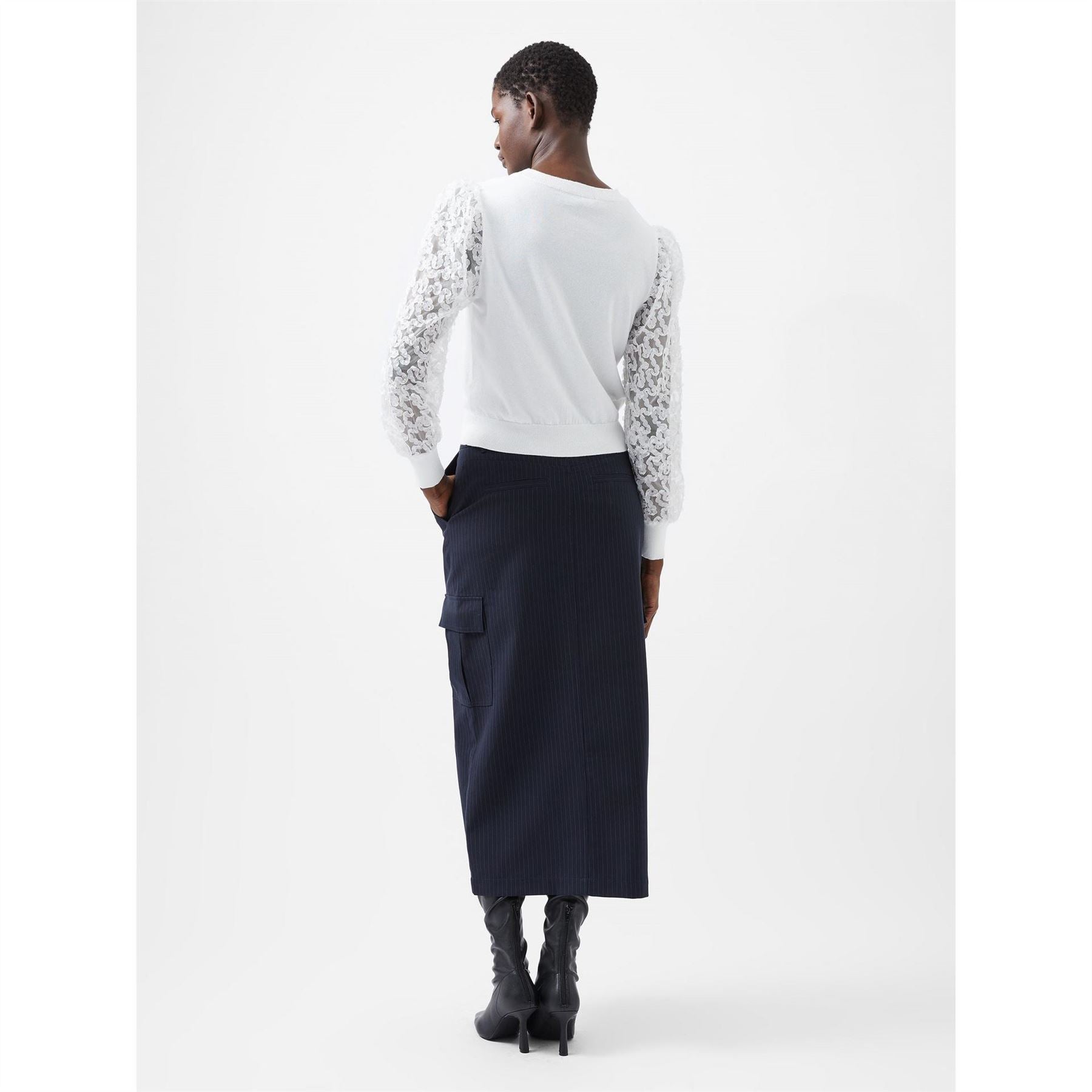 French Connection Luvy Embroidered Mesh Sleeve Crew Neck Jumper