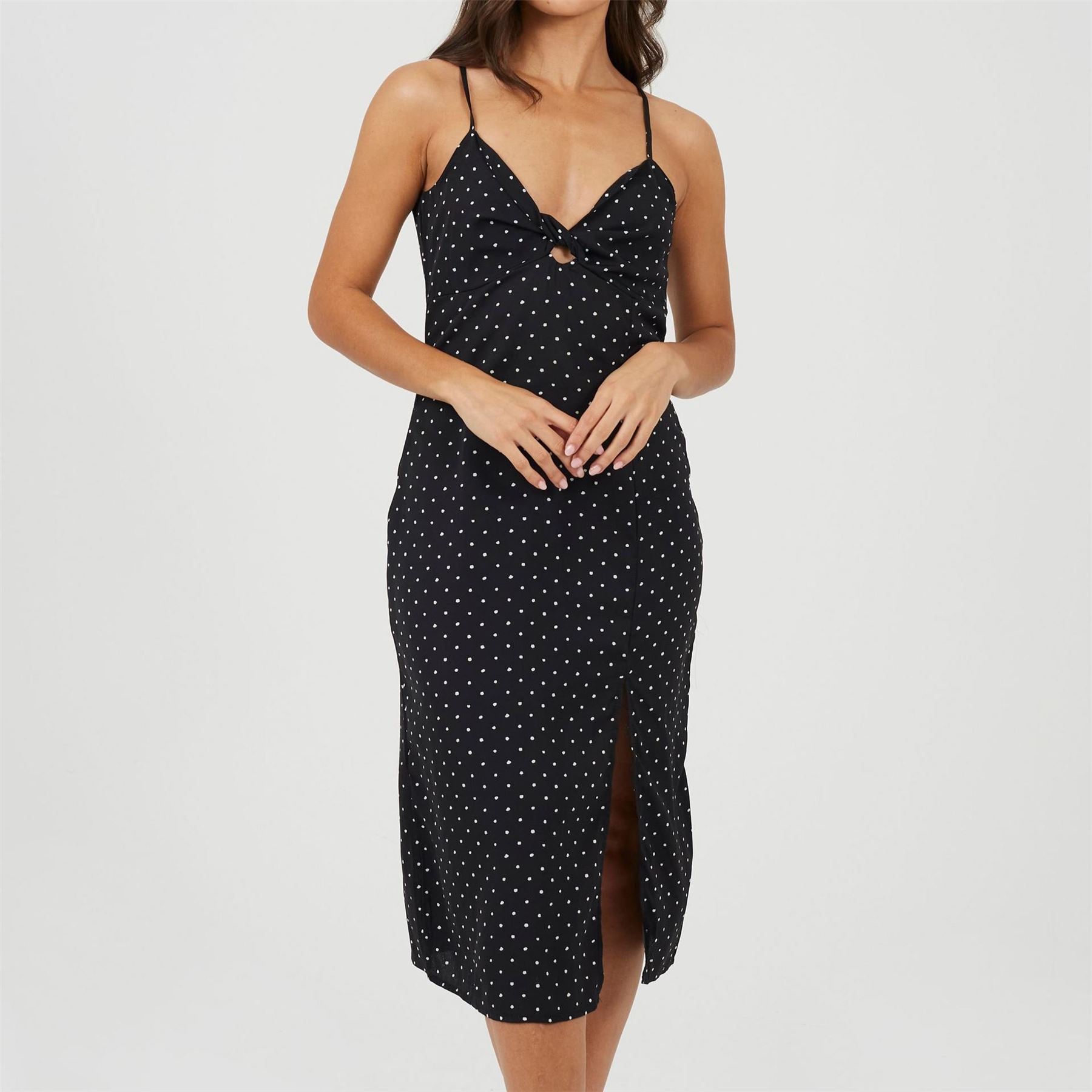 Brave Soul Polka Dot Midi Slip Dress with Slit Detail