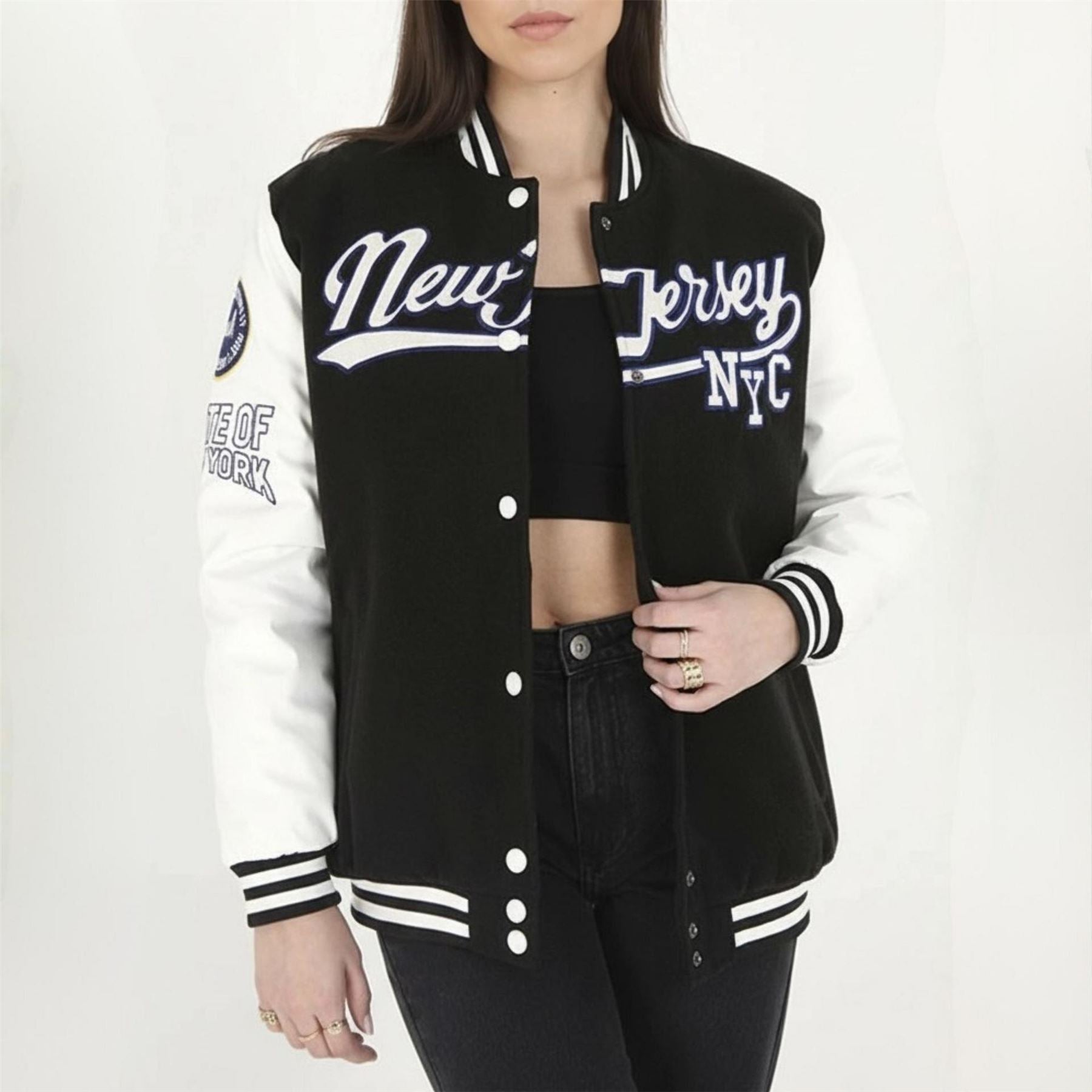 Brave Soul Womens Oversized Varsity Jacket With Arm Badge Details