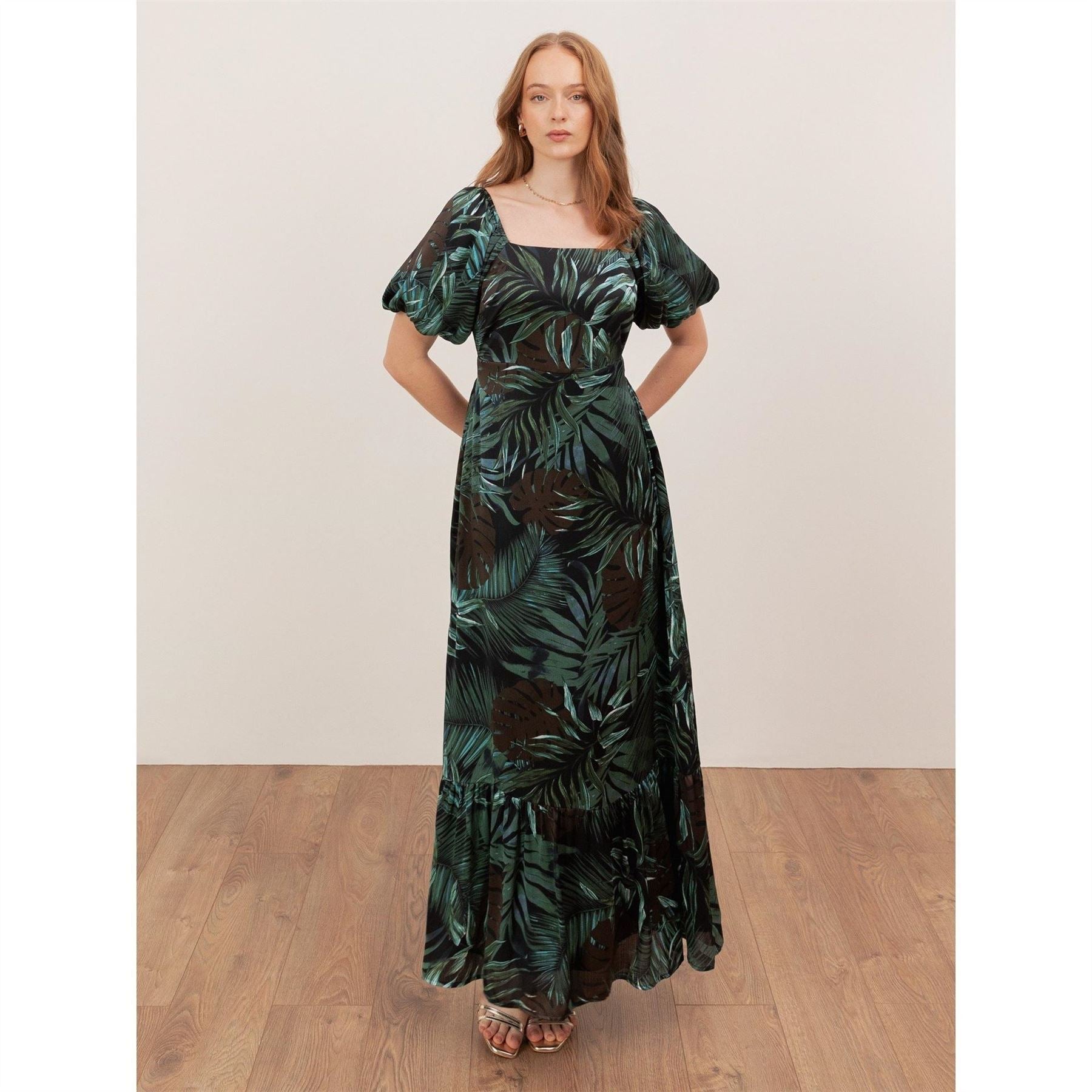 Lovedrobe Tropical Print Square Neck Short Sleeve Maxi Dress
