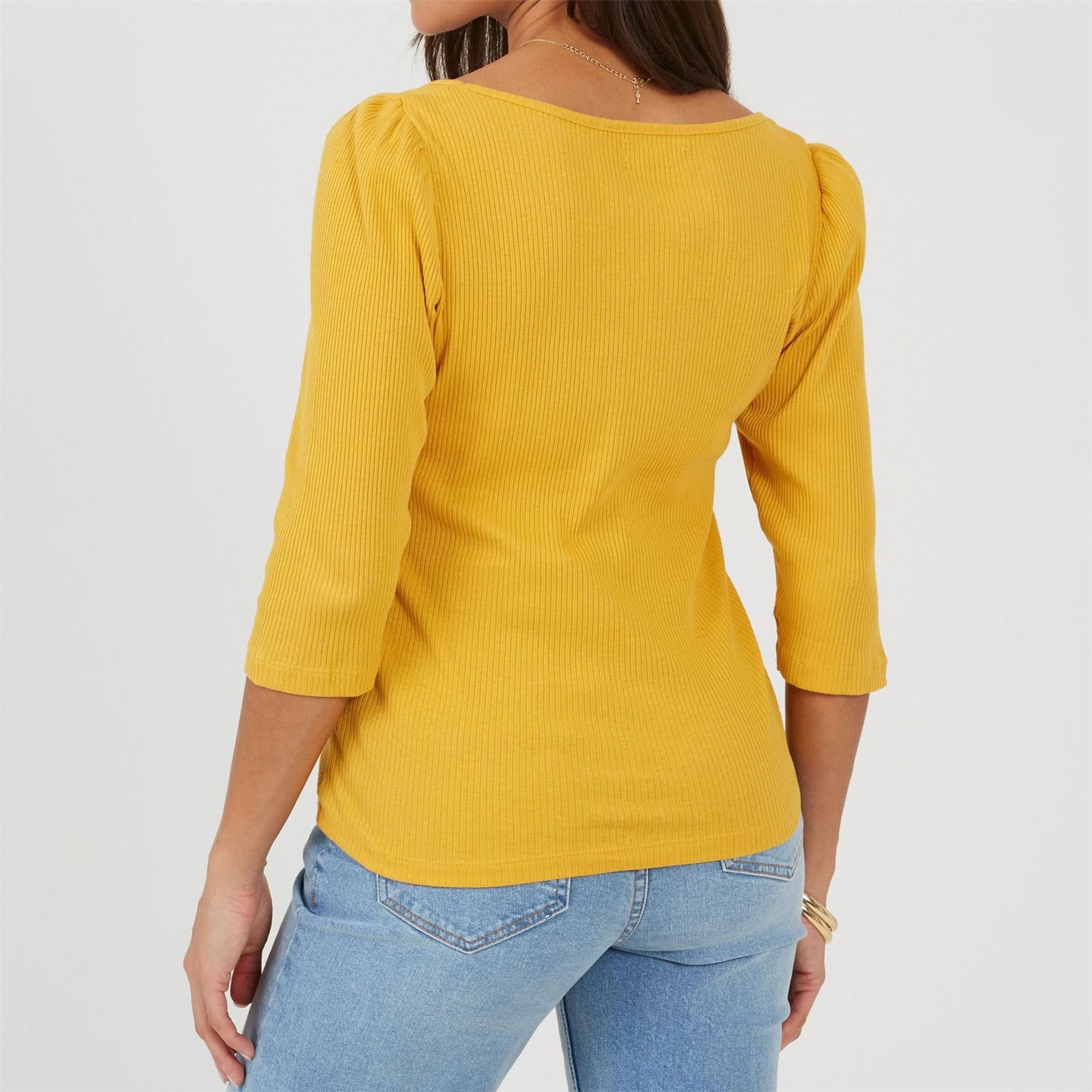 Brave Soul Square Neck Puff Sleeve Three Quarter T-Shirt
