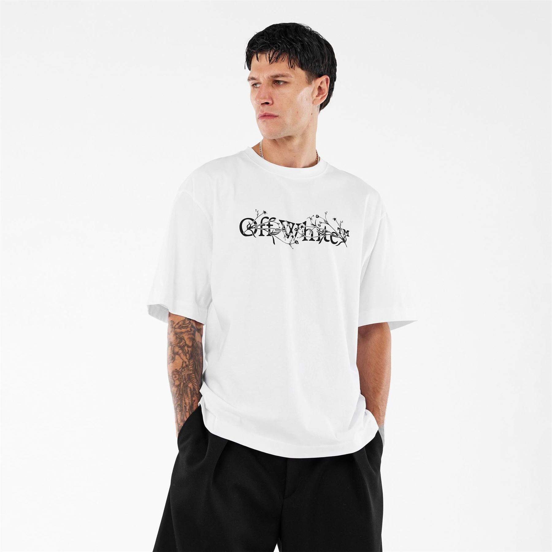 Off White Flower Crew Neck Short Sleeve T-Shirt
