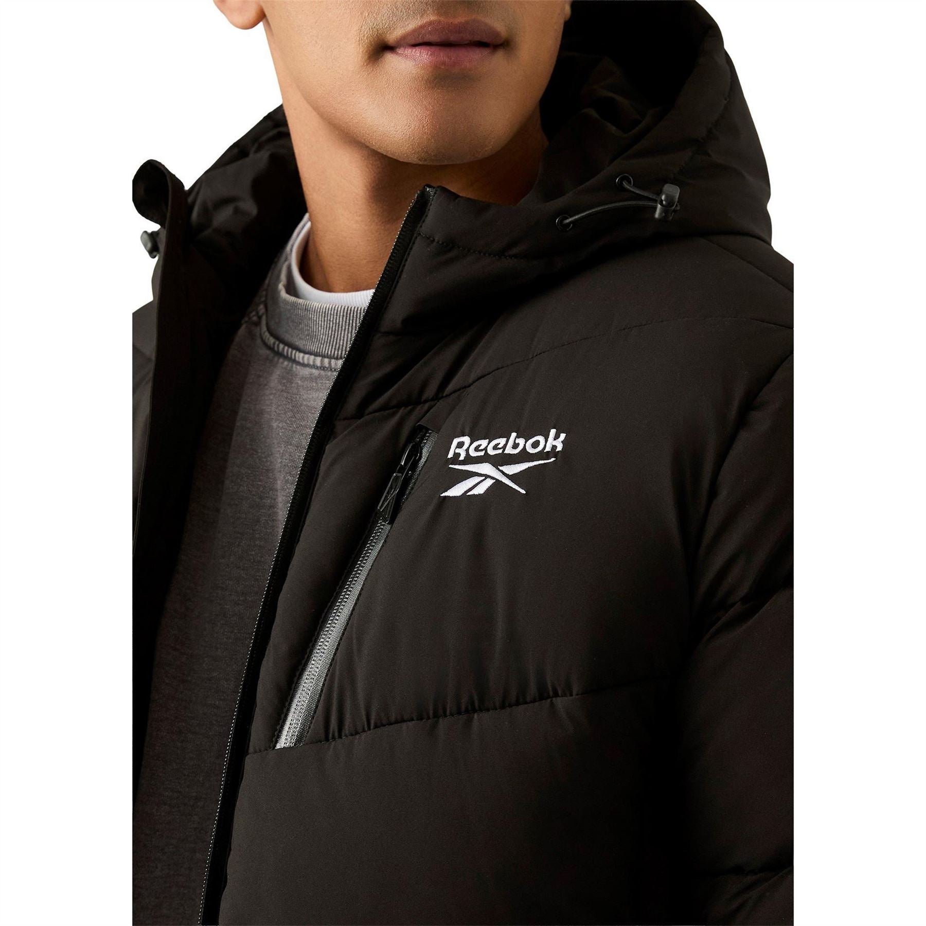 Reebok Solid Patterned Hooded Puffer Jacket