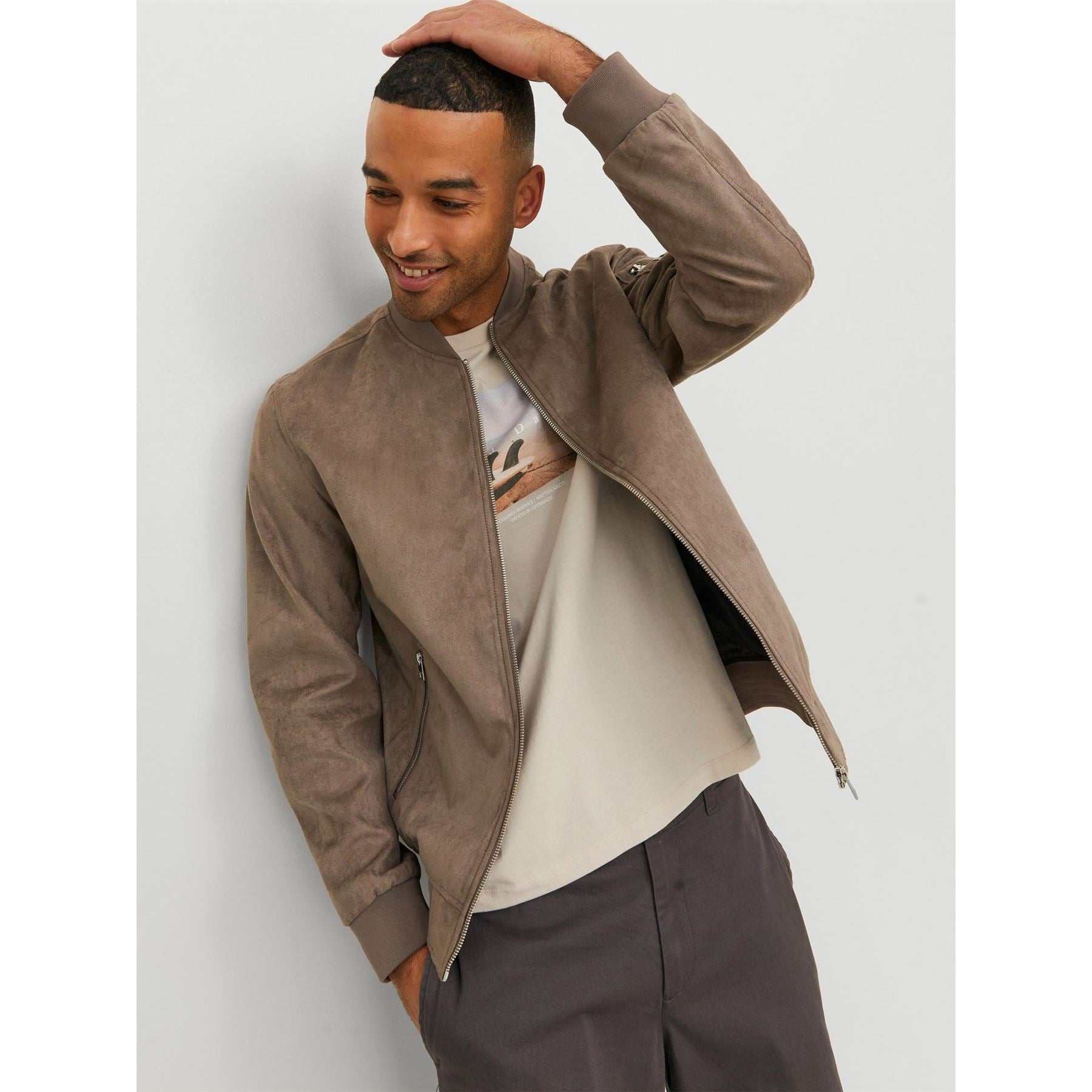 Jack and Jones Faux Suede Bomber Rib Crew Neck Jacket