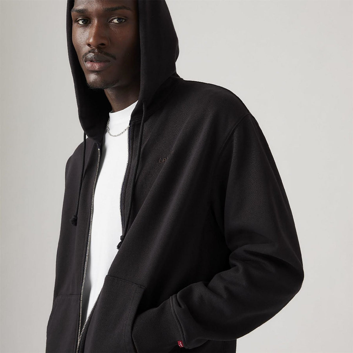 Levis Solid Patterned Hooded Neck Full Zipper Ribbed Cuff Sweat Jacket