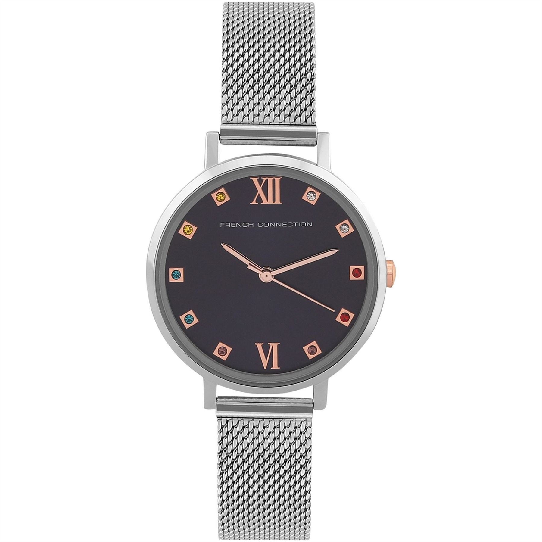 French Connection Womens Connection Grace Blue Round Analog Watch With Steel Mesh Strap For