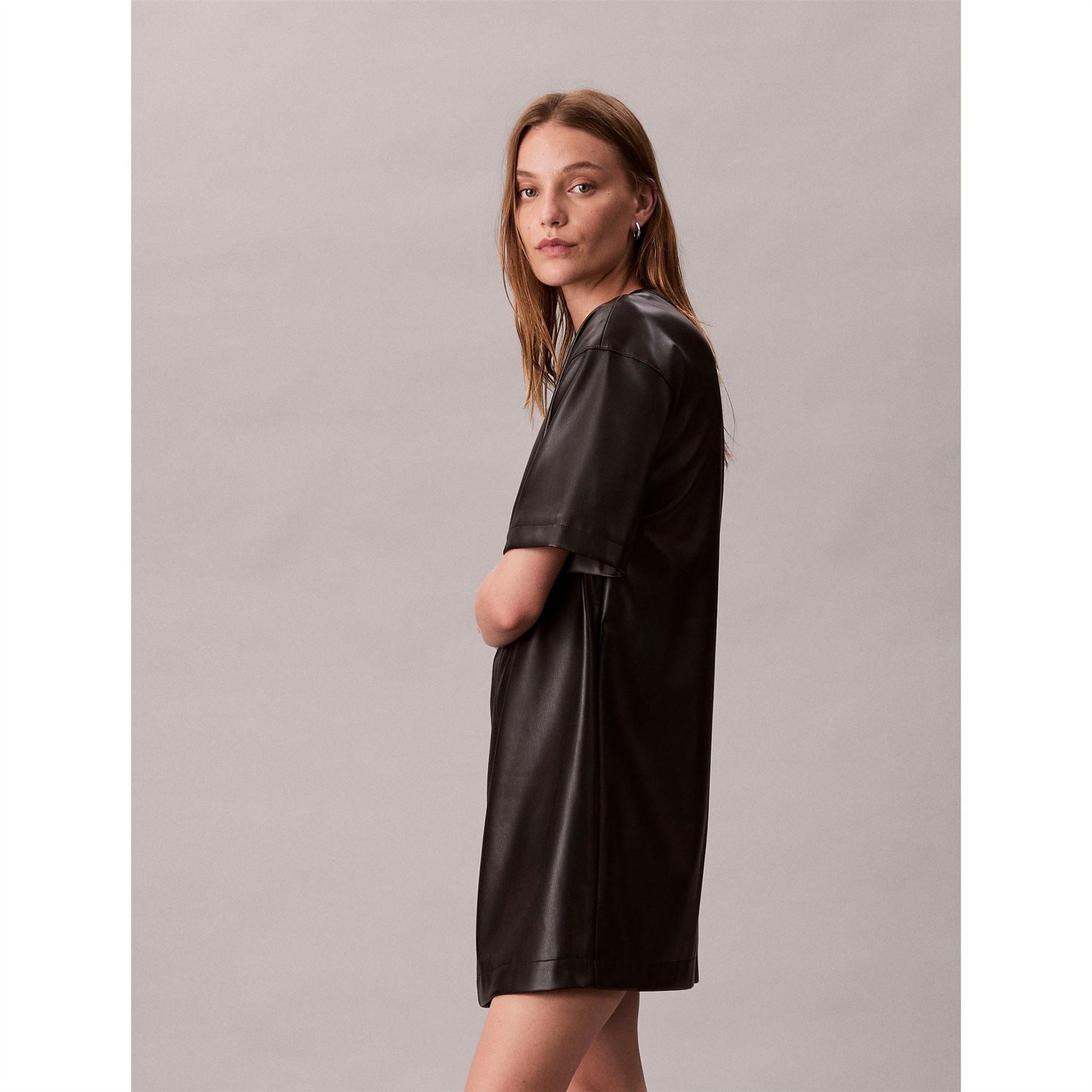 Calvin Klein Jeans Leather Crew Neck Short Sleeve Mini Dress