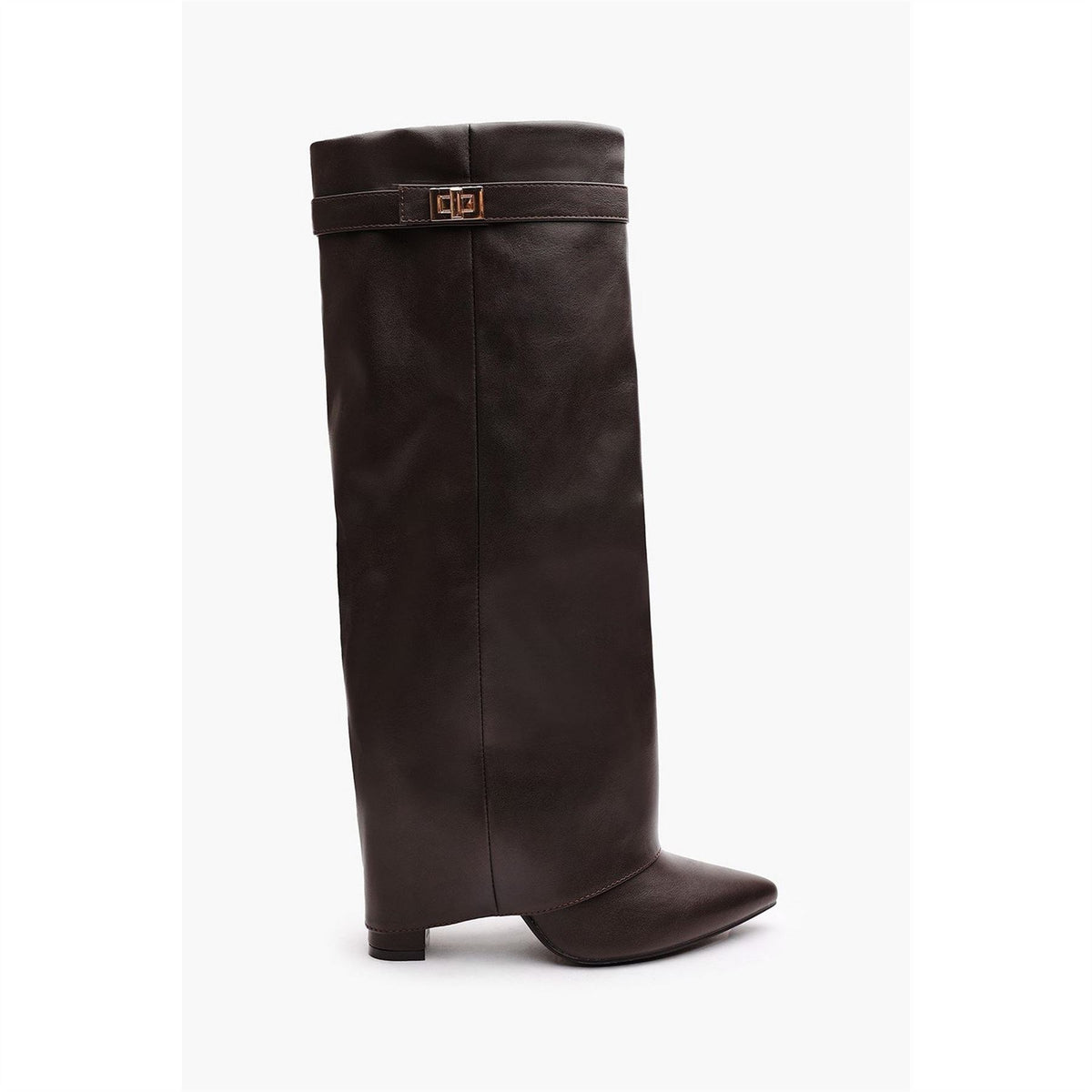 Wheres That From Fold Over Shark Block Heel Point Toe Boots