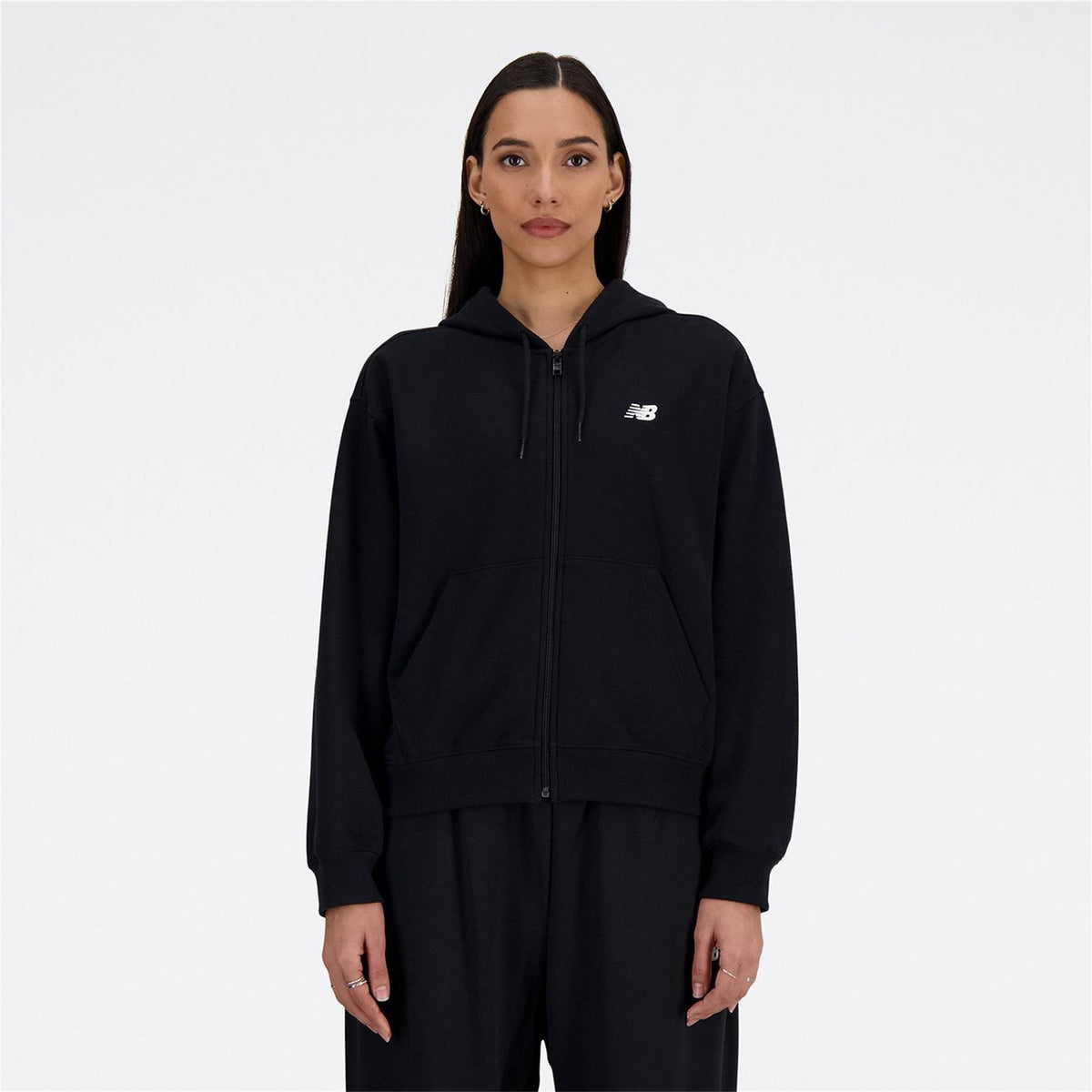 New Balance Terry Solid Patterned Hooded Full Zipper Ribbed Cuff Sweat Jacket