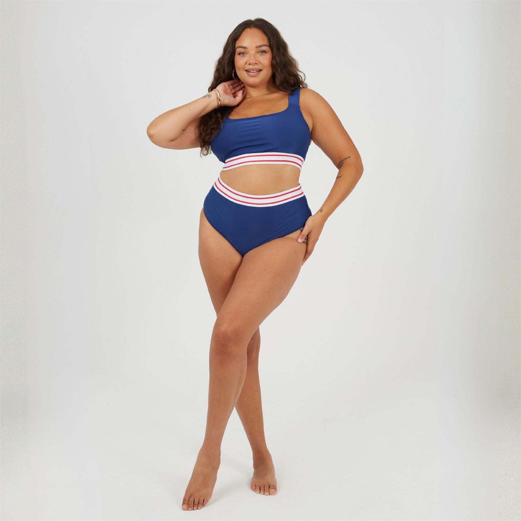 Brave Soul Plus Size Wide Strap Bikini Top With Contrast Stripe Elastic