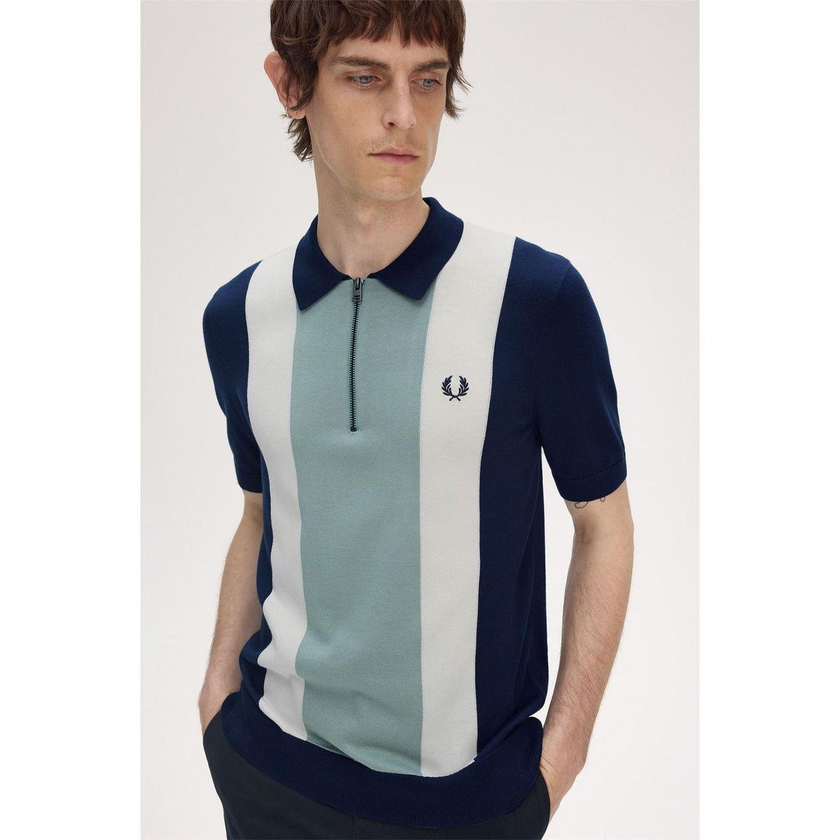 Fred Perry Vertical Stripe Zipped Short Sleeve Polo Shirt