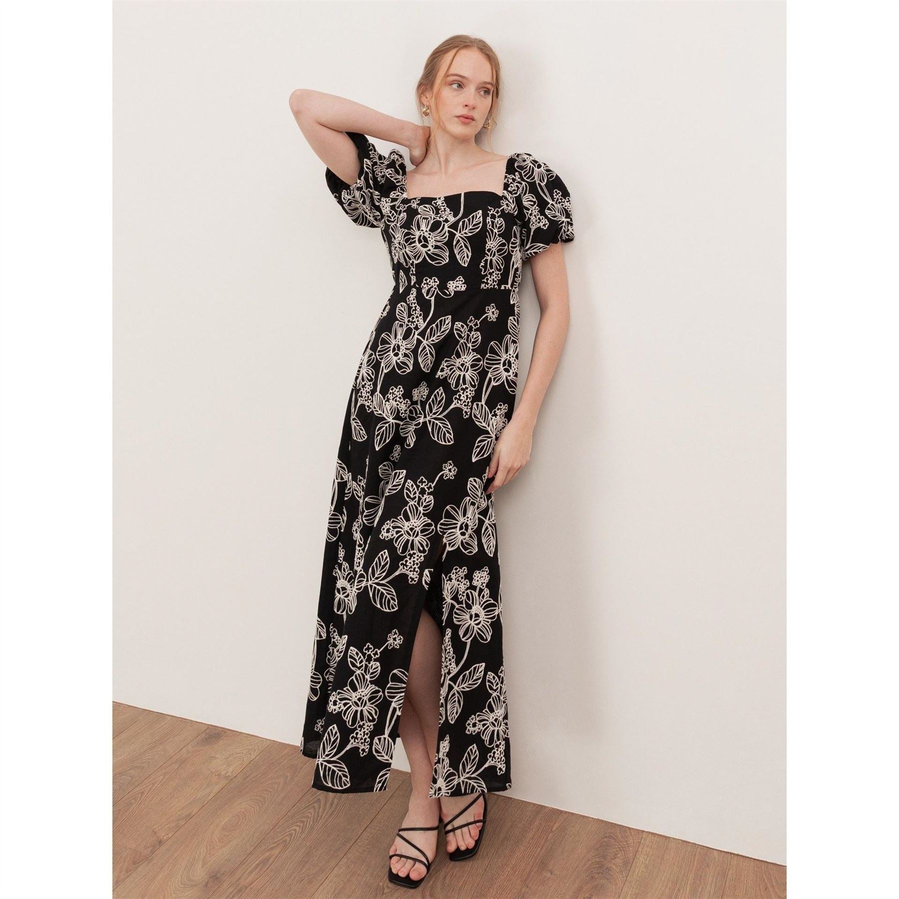 Lovedrobe Black Embroidered Short Sleeve Square Neck Midaxi Dress