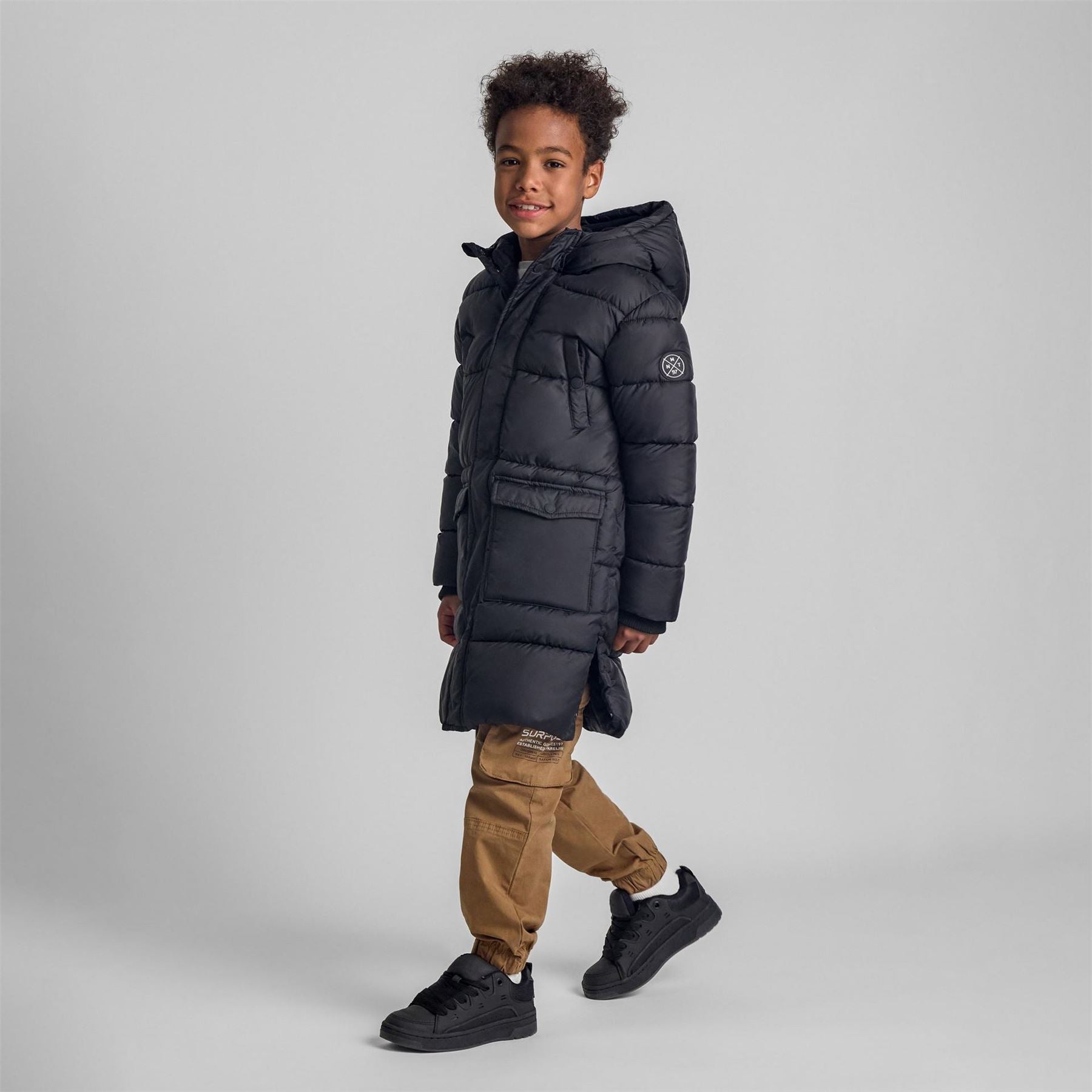 Minoti Boys Long Padded Coat With Hood And Snap Details Black