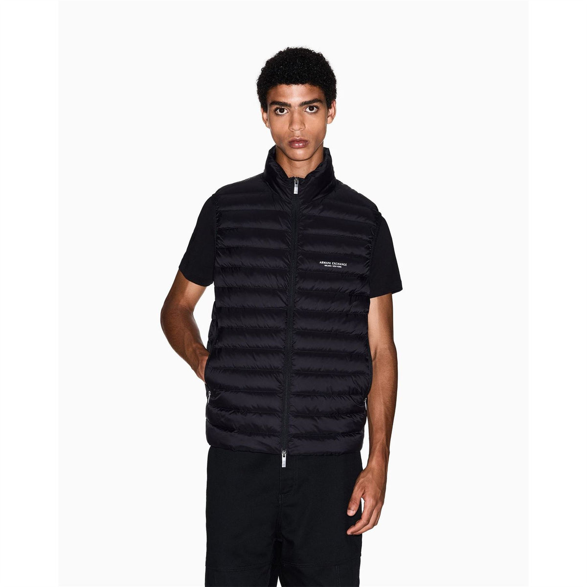 Armani Exchange Horizontal Stripe Two-Way Zipper Waist Coat with Printed Logo