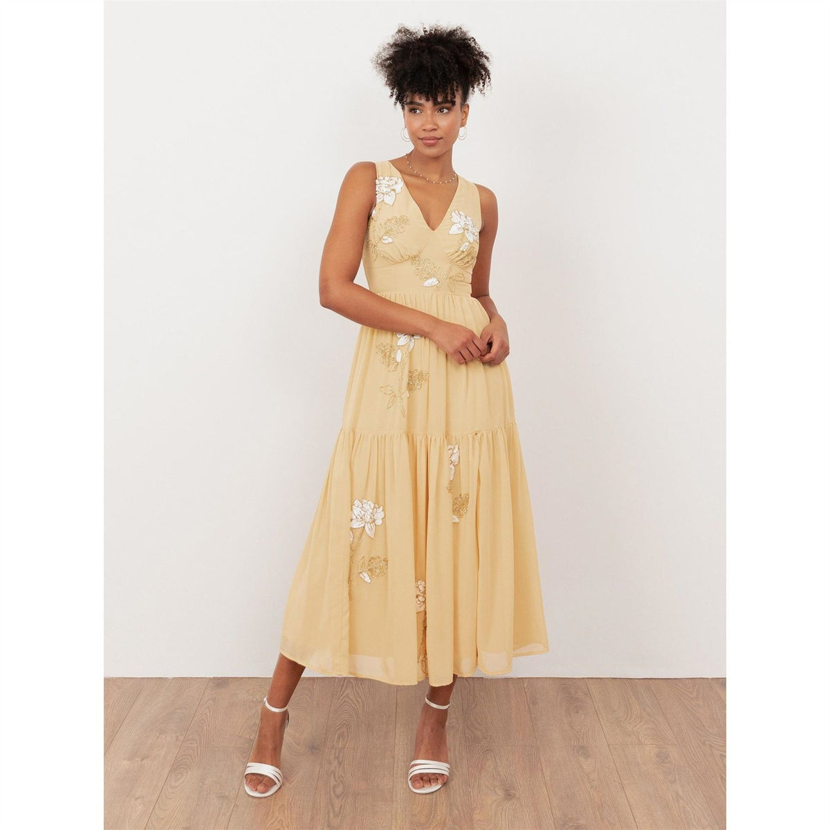 Maya Deluxe Buttercream Floral Embellished V Neck Midaxi Dress With Split