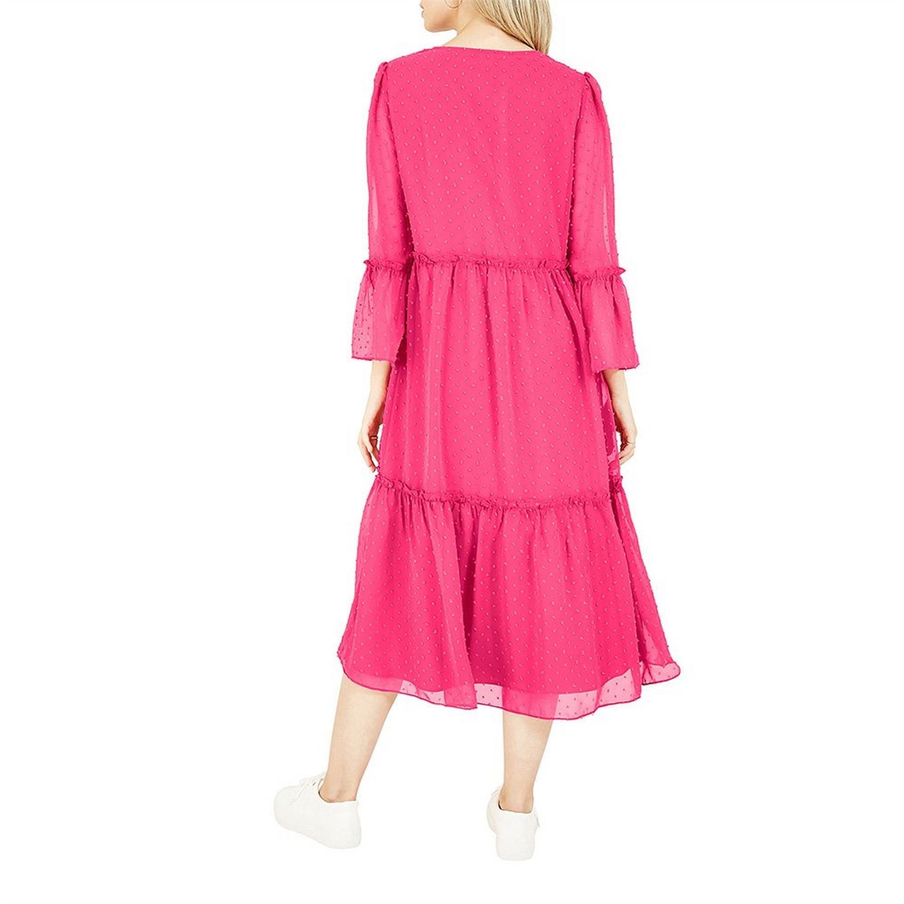 Yumi Boho Smocked Crew Neck Midi Tiered Dress