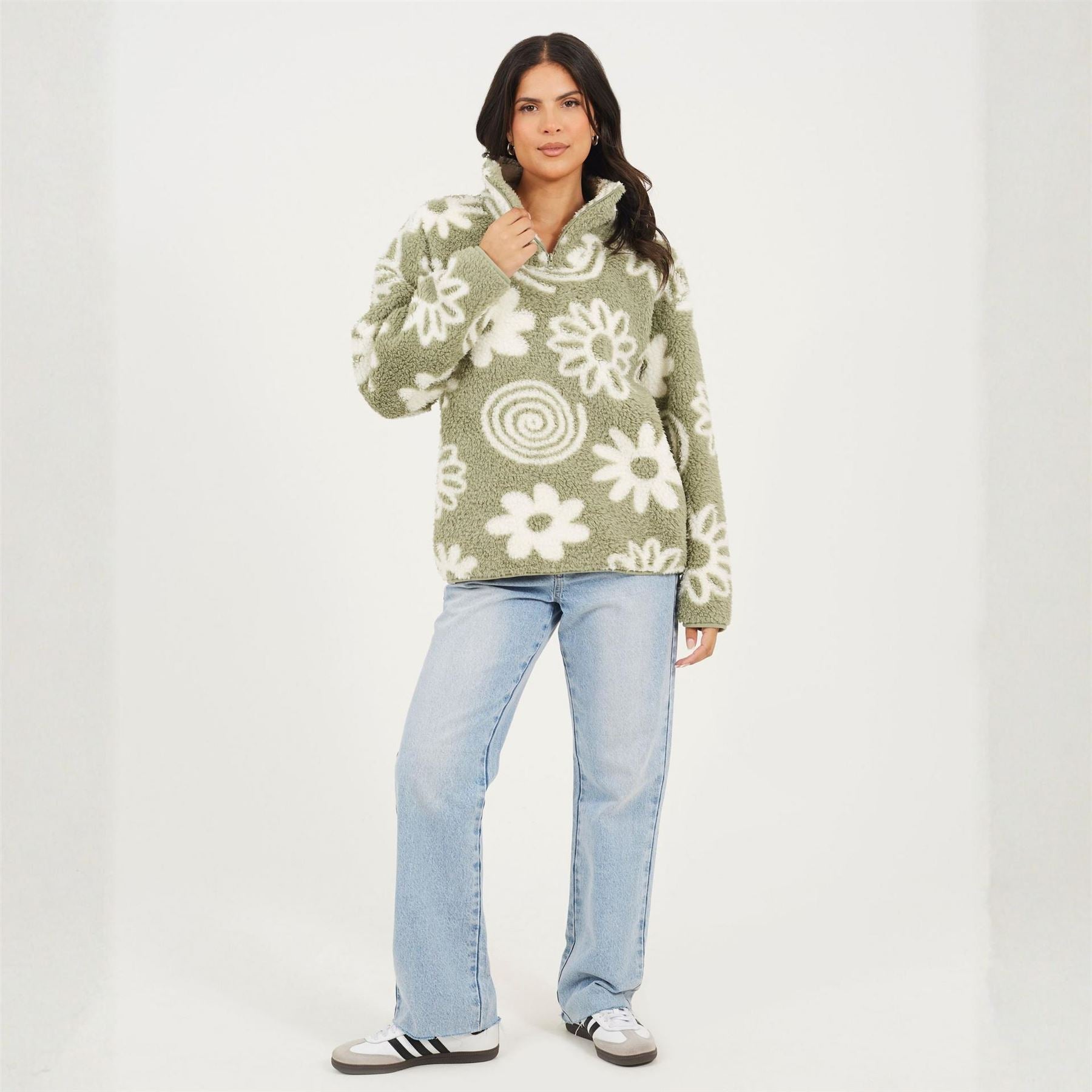 Brave Soul Flower Print High Neck Fleece Sweatshirt