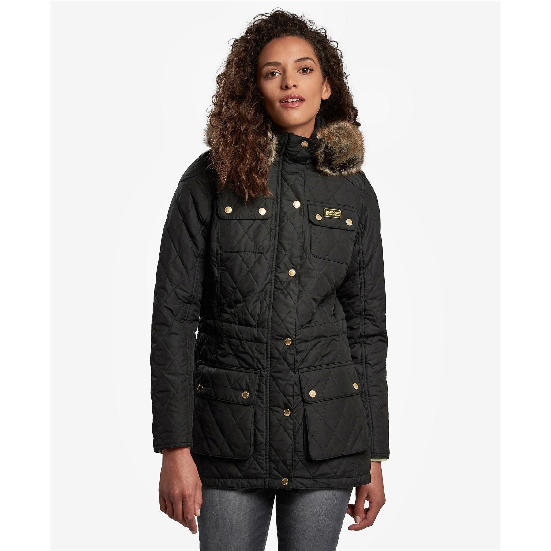 Barbour International Enduro Quilted Windproof Faux Fur Trim Mid Length Short Puffer Jacket