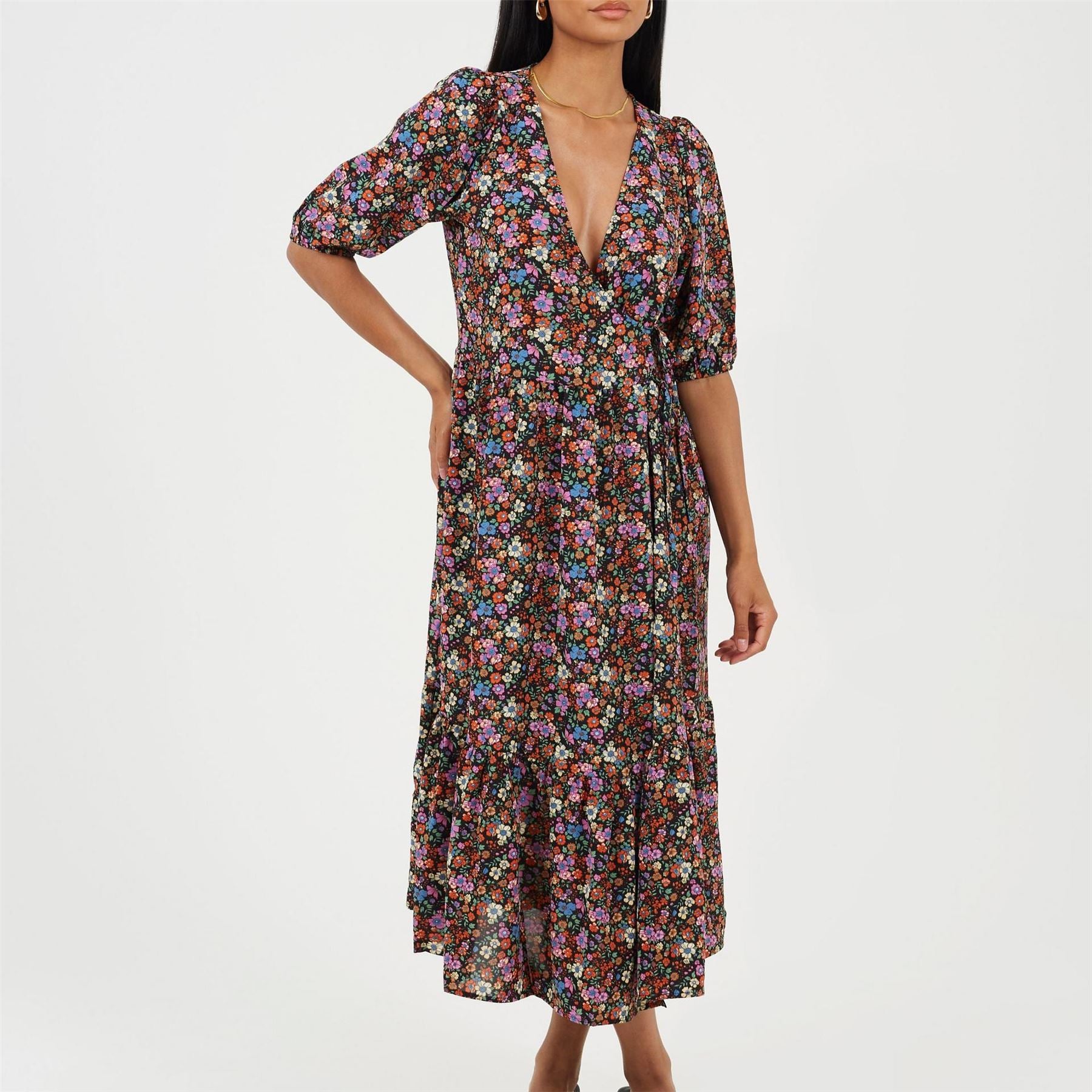 Brave Soul V-Neck Three Quarter Sleeve Midi Wrap Dress