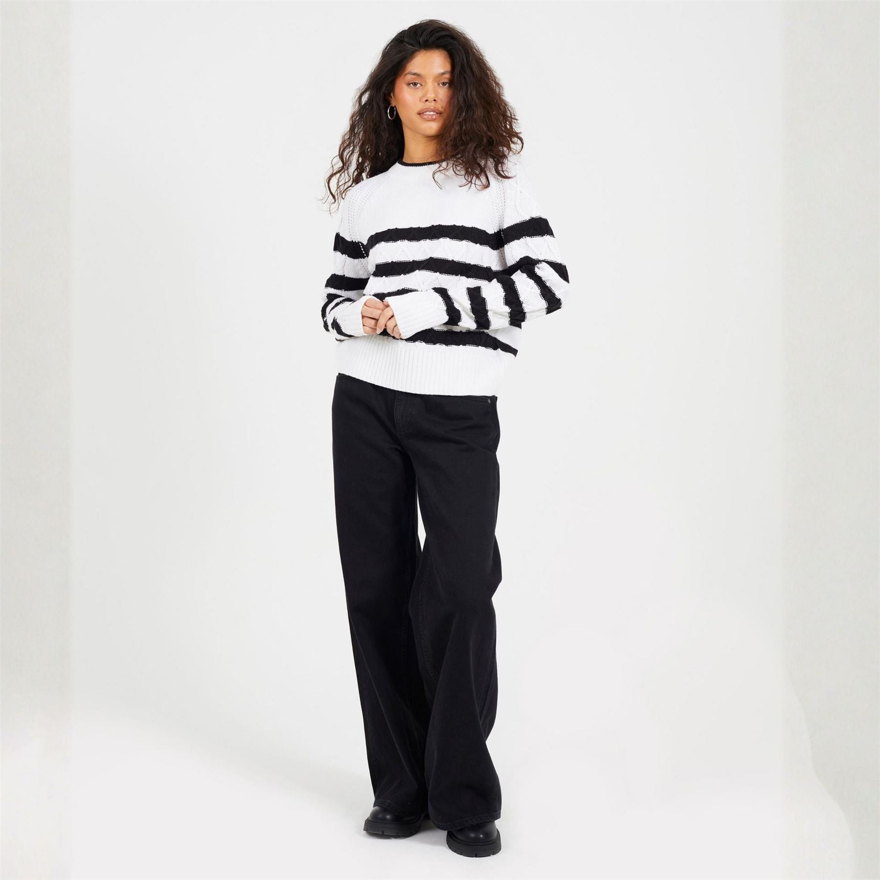 Brave Soul Cable Knit Crew Neck Jumper With Stripes