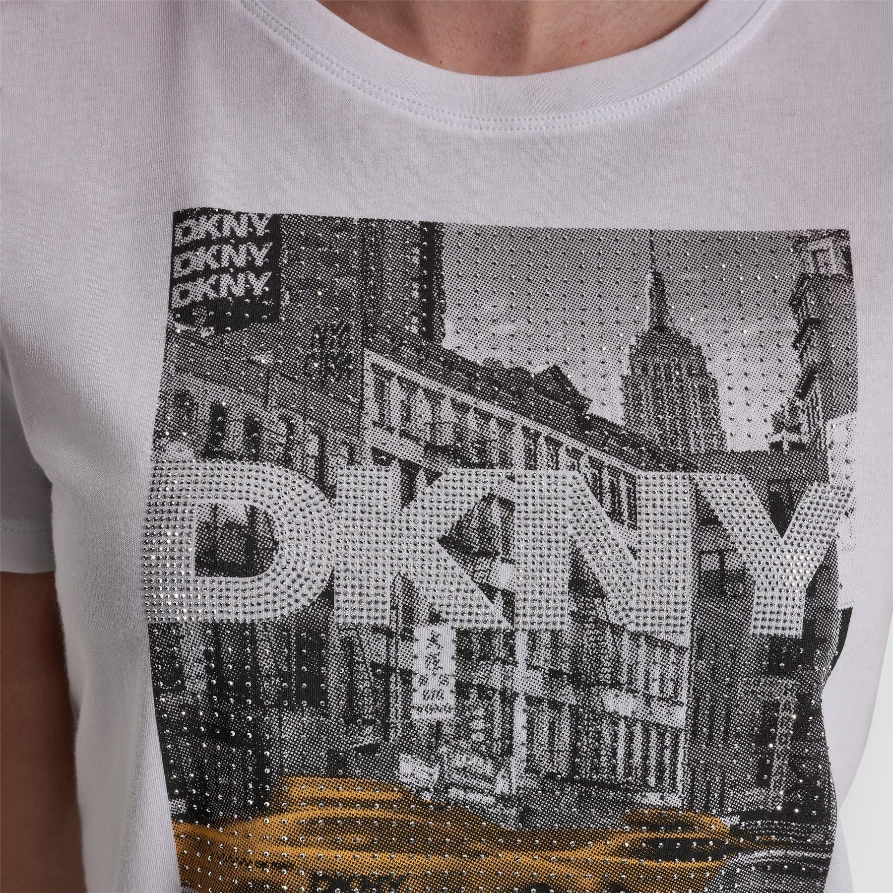 DKNY Rhinestone Taxi Photoreal Logo Crew Neck Tee