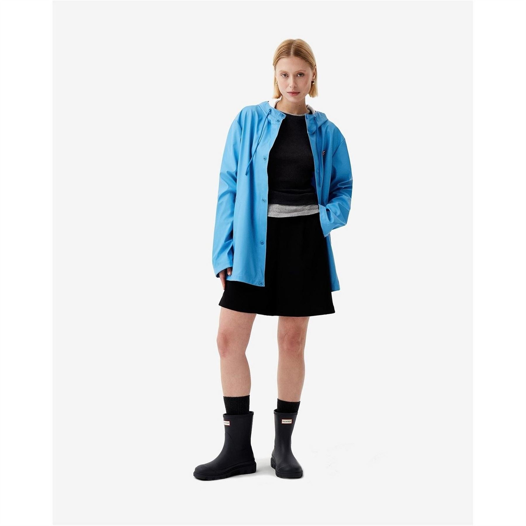 Hunter Solid Patterned Hooded Snap Button Rain Jacket