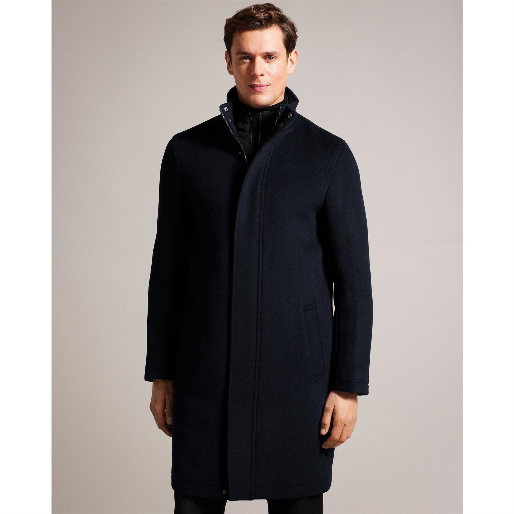 Ted Baker Solid Patterned Snap Button High Neck Overcoat