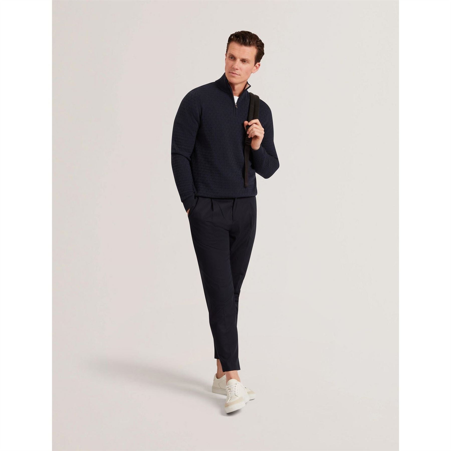 Ted Baker Zip Neck Ribbed Collar Long Sleeve Sweater