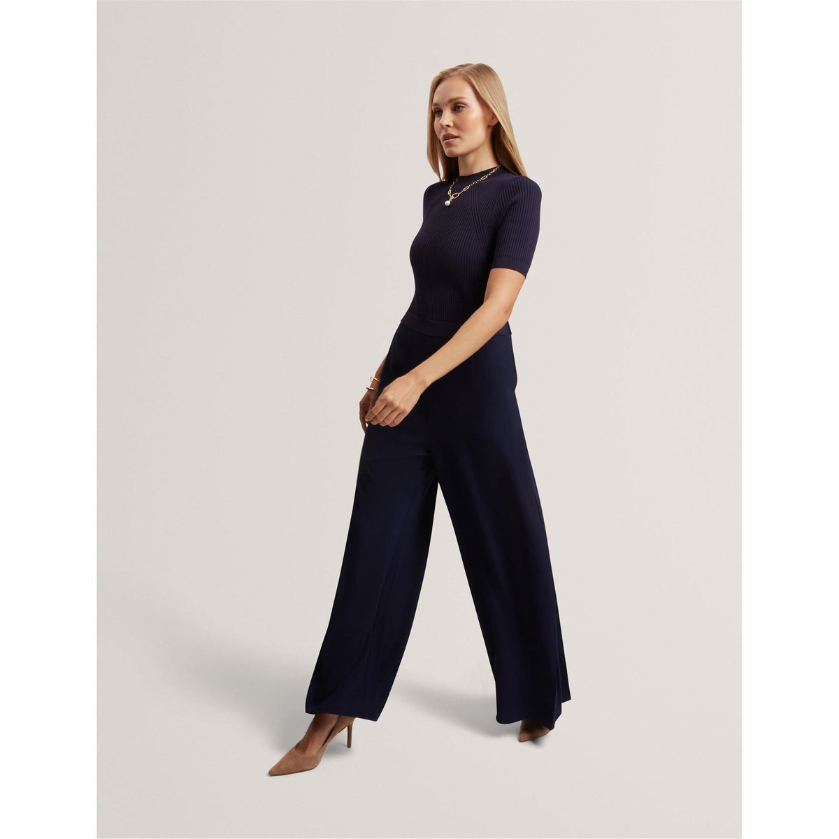 Ted Baker Mock Neck Short Sleeve Ribbed Palazzo Jumpsuit