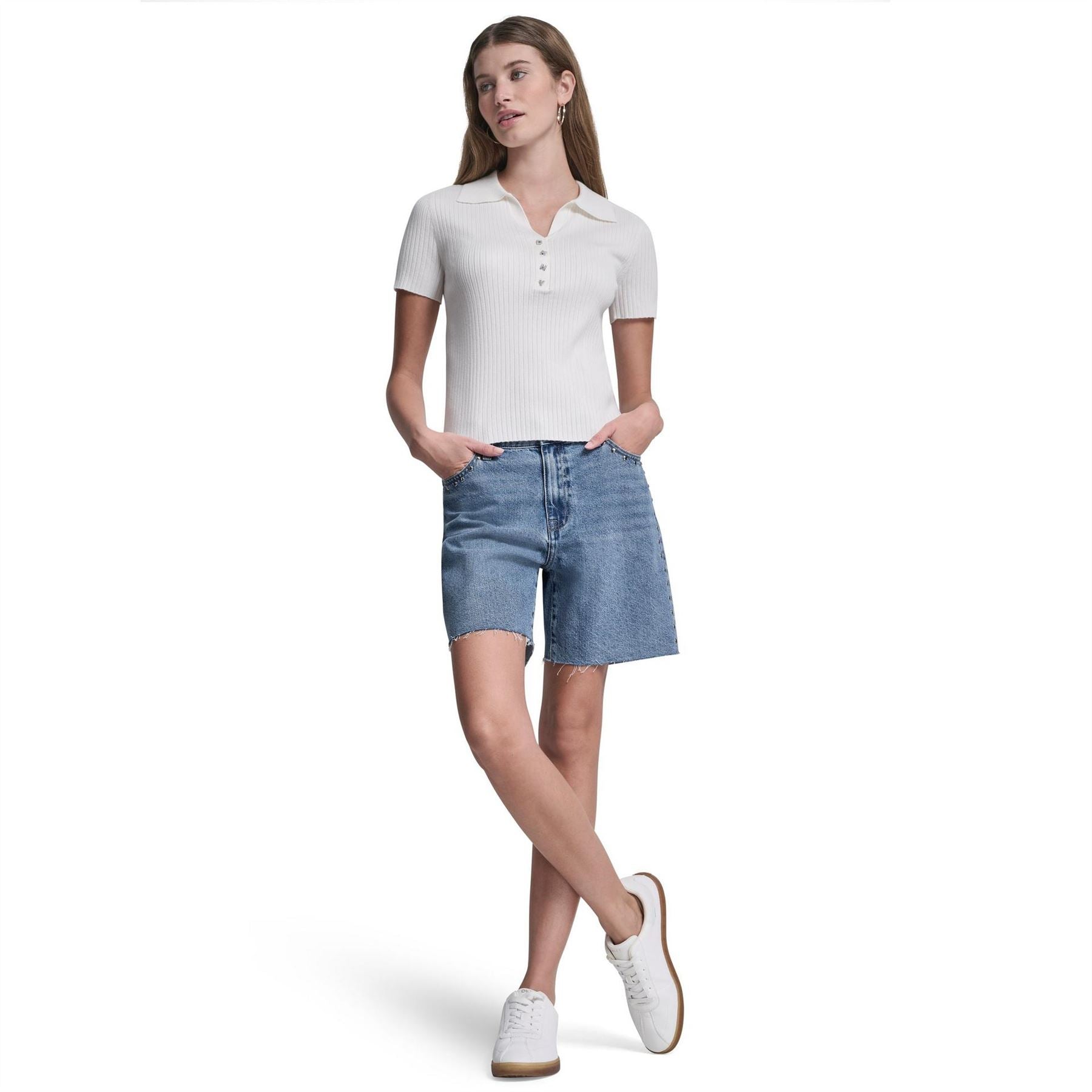 DKNY Jeans Short Sleeve Rib Polo W  Logo Rhinestone Buttons