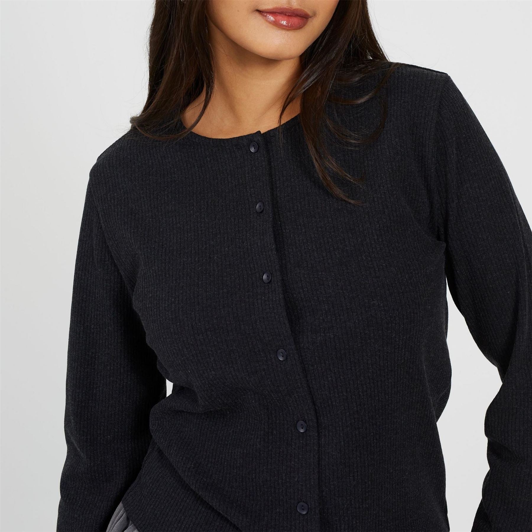 Brave Soul Womens Long Sleeve Ribbed Top With Button Down Front
