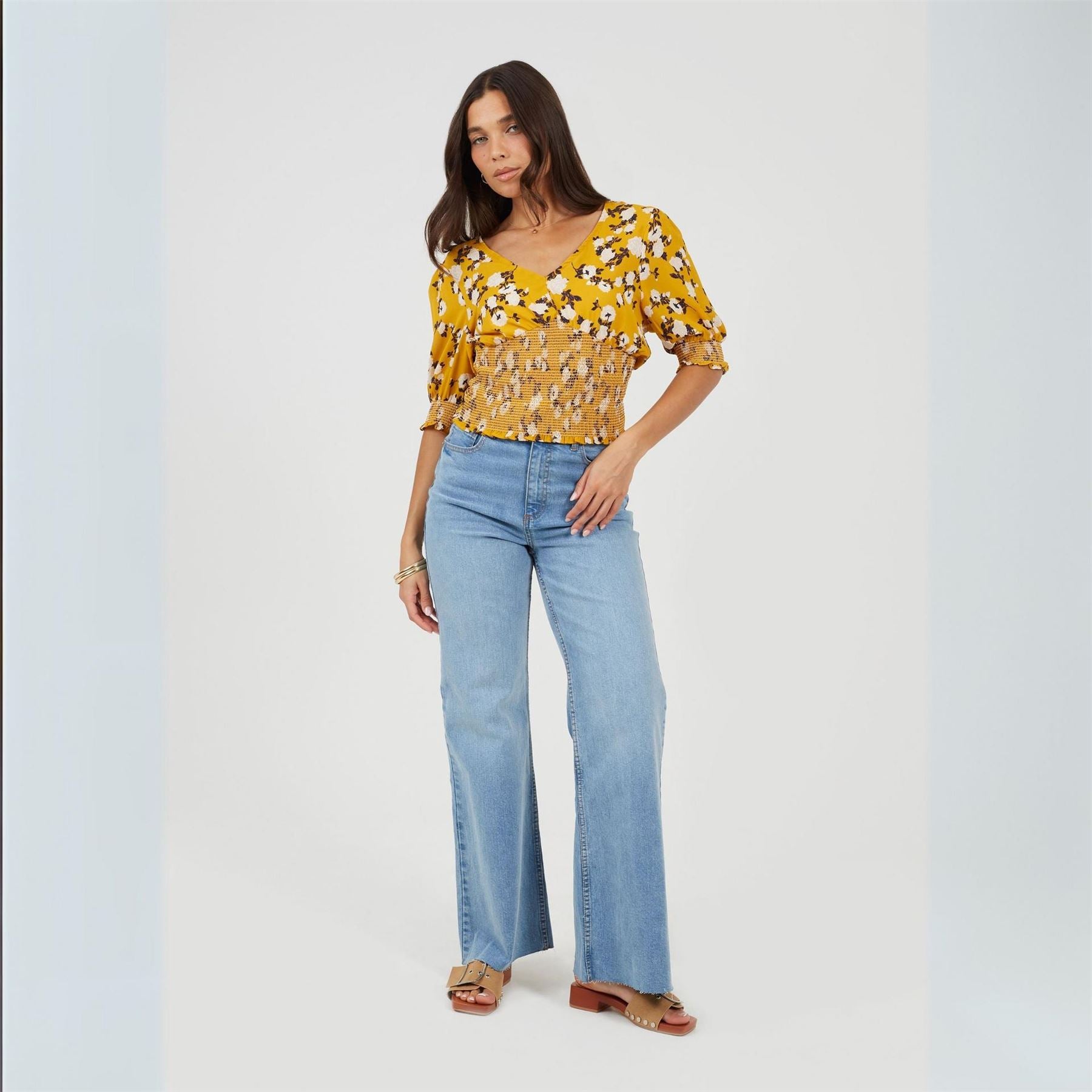 Brave Soul V-Neck Three-Quarter Puff Sleeve Peasant Blouse